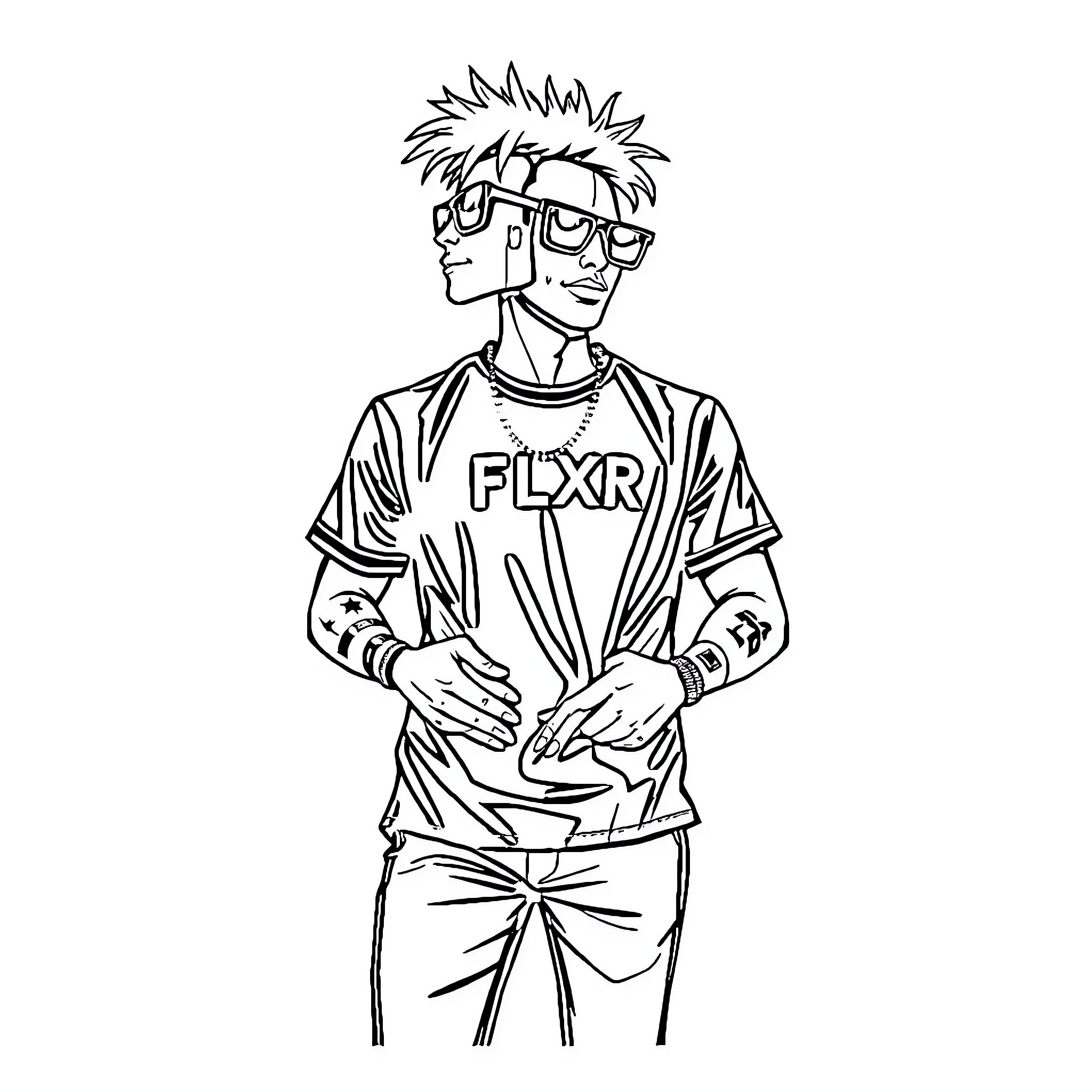 FLXR Stylish young person with casual attire Coloring Page (free black-and-white line drawing printable PDF for all, from beginners to advanced learners, including children, teens, adults, and seniors)