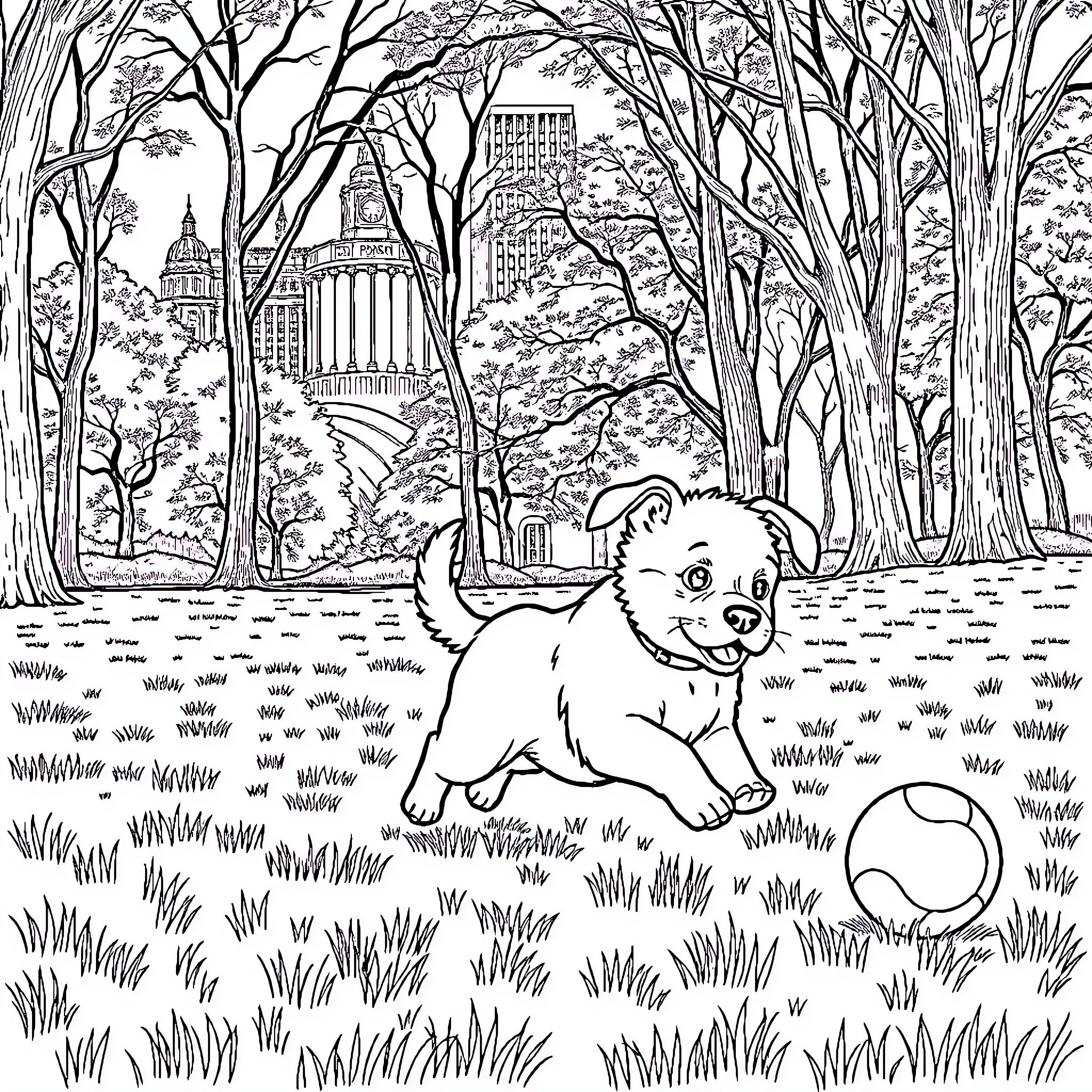 Puppy exploring a lush urban park Coloring Page (free black-and-white line drawing printable PDF for all, from beginners to advanced learners, including children, teens, adults, and seniors)