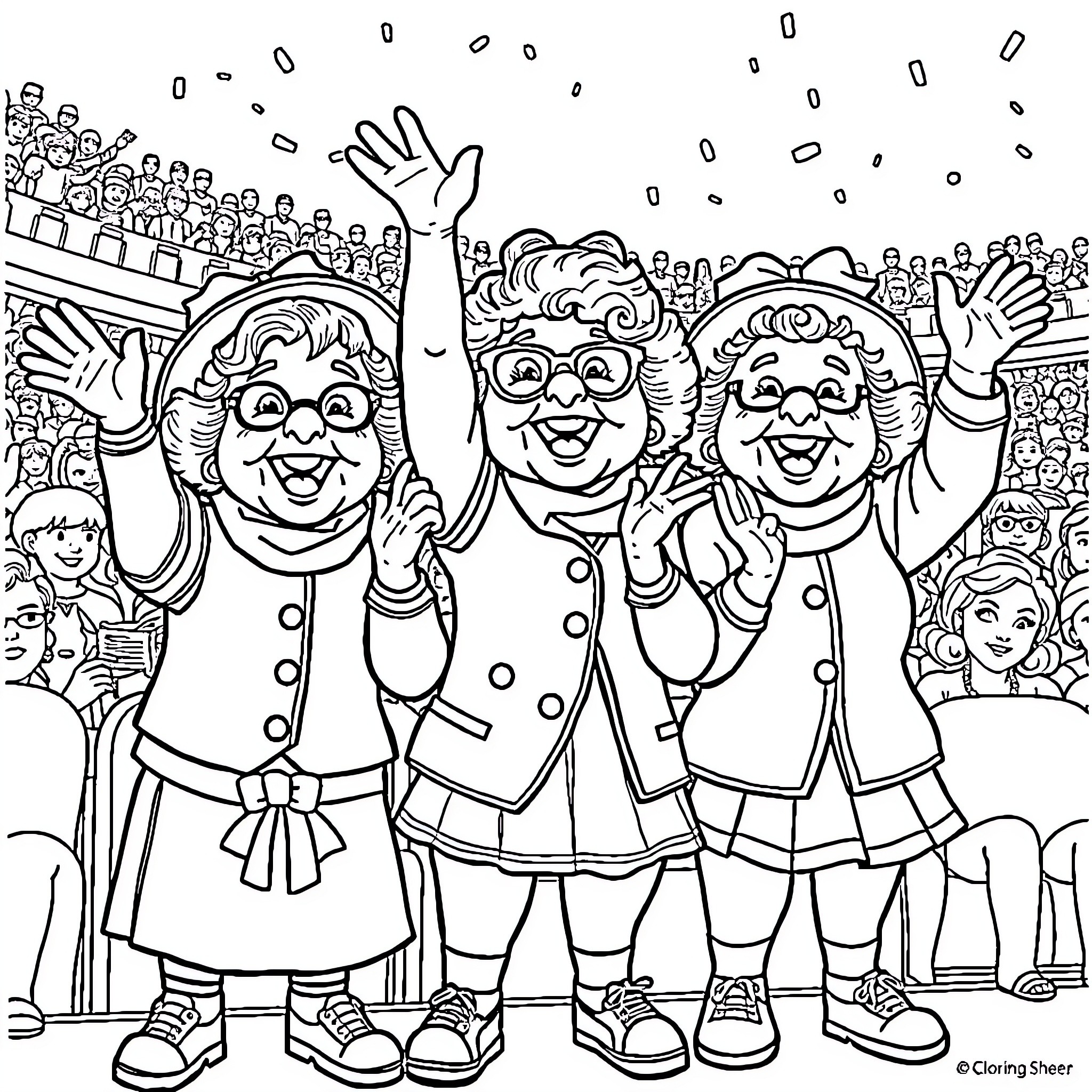 Granny's Cheerful Celebration Coloring Page (free black-and-white line drawing printable PDF for all, from beginners to advanced learners, including children, teens, adults, and seniors)