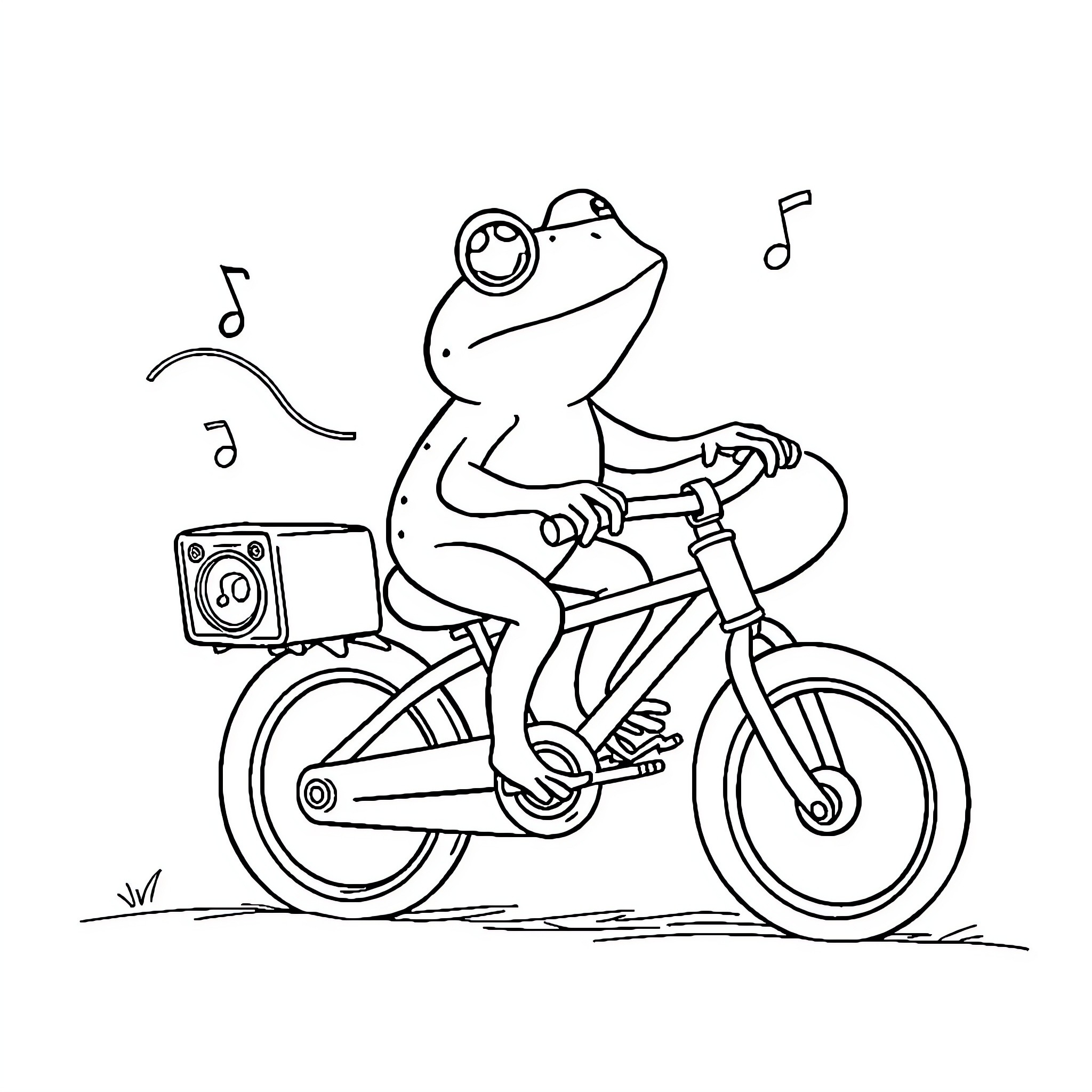 Frog riding bicycle while listening to music Coloring Page (free black-and-white line drawing printable PDF for all, from beginners to advanced learners, including children, teens, adults, and seniors)
