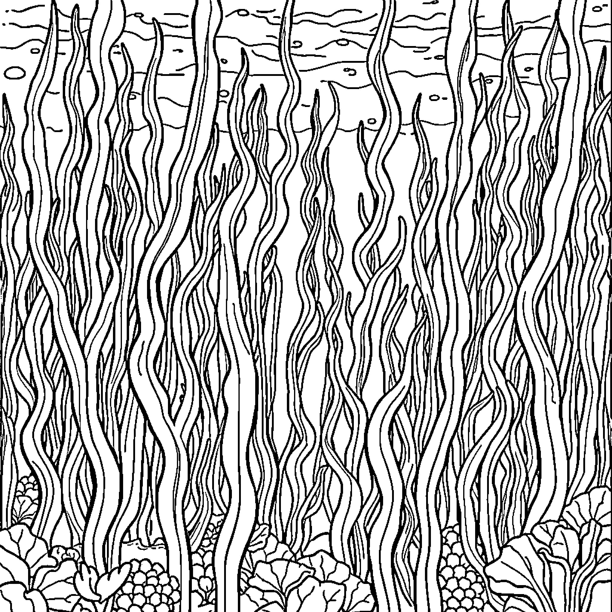 Kelp swaying in the currents Coloring Page (free black-and-white line drawing printable PDF for all, from beginners to advanced learners, including children, teens, adults, and seniors)