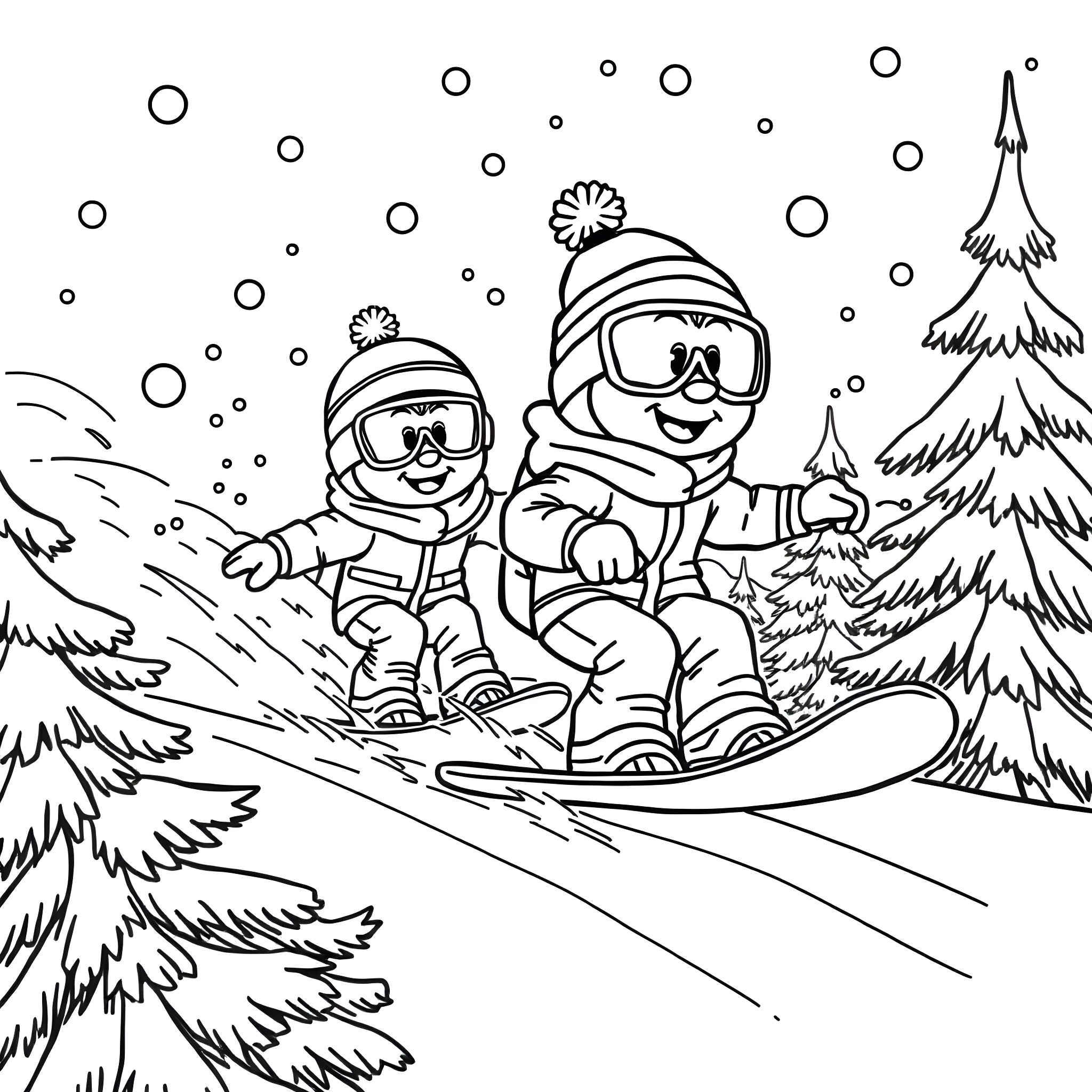 Bluey and friends enjoying a snowy day Coloring Page (free black-and-white line drawing printable PDF for all, from beginners to advanced learners, including children, teens, adults, and seniors)