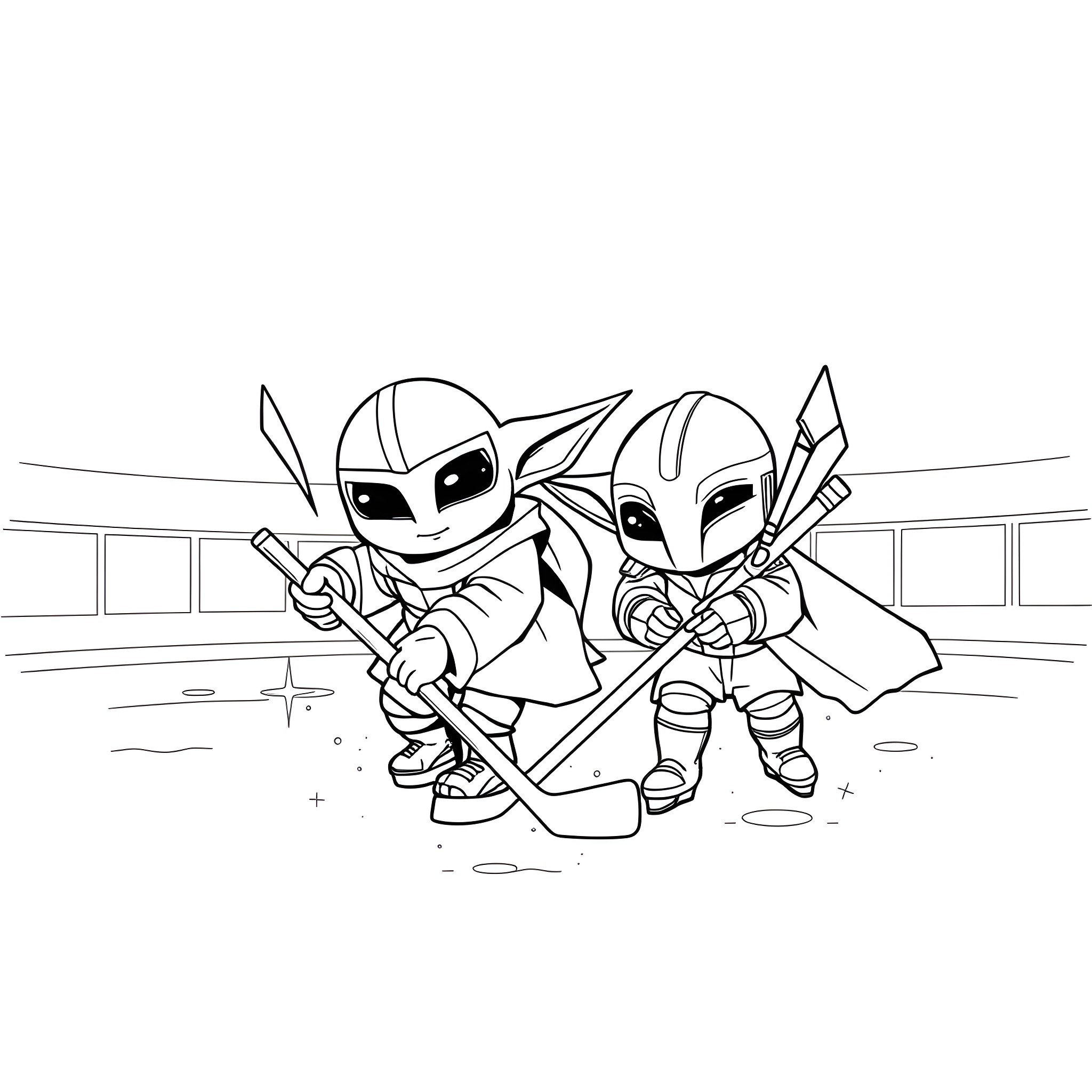 Yoda and companion in playful lightsaber duel Coloring Page (free black-and-white line drawing printable PDF for all, from beginners to advanced learners, including children, teens, adults, and seniors)