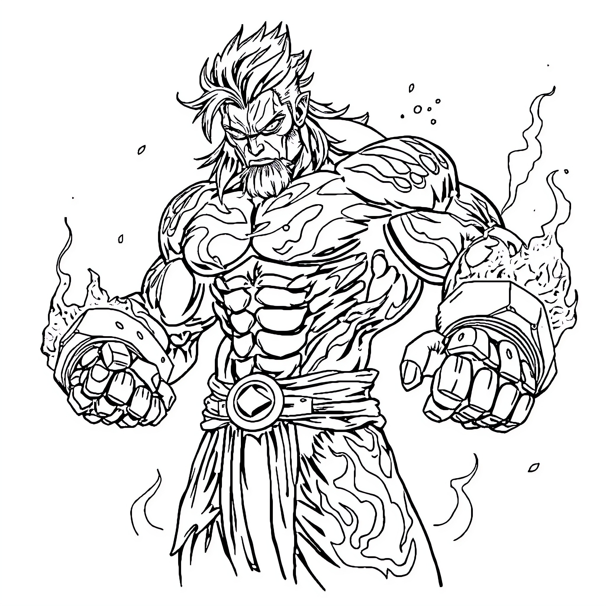 Fighter in fierce battle stance with intense expression Coloring Page (free black-and-white line drawing printable PDF for all, from beginners to advanced learners, including children, teens, adults, and seniors)