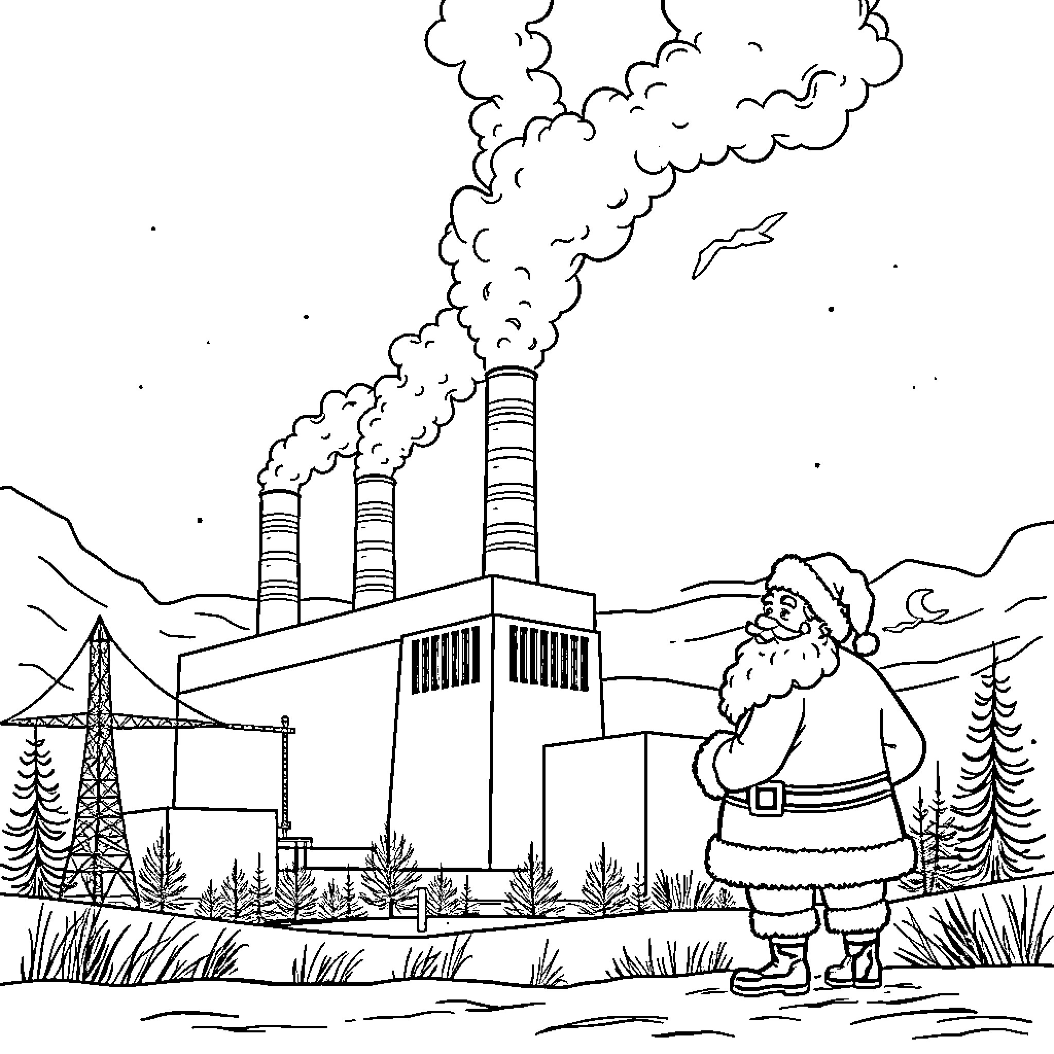 Santa observing a smoky industrial factory Coloring Page (free black-and-white line drawing printable PDF for all, from beginners to advanced learners, including children, teens, adults, and seniors)