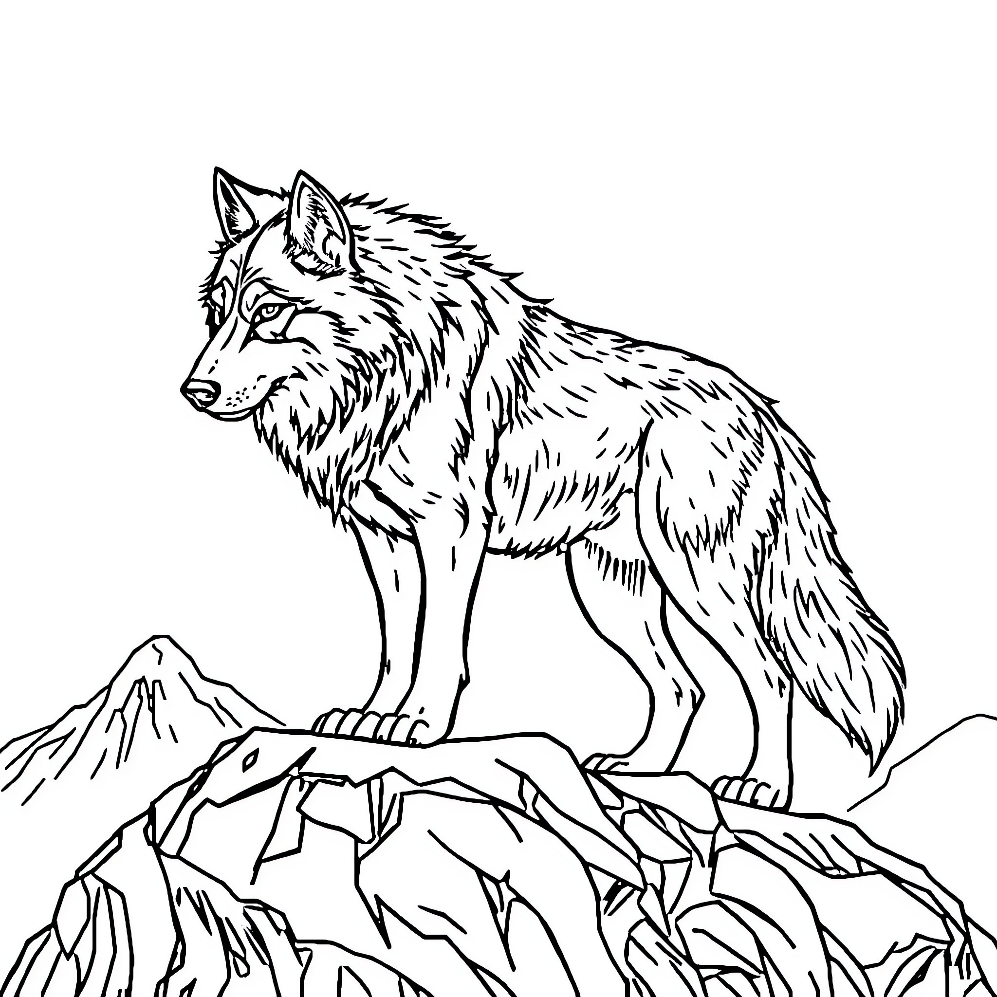 Wolf standing atop a rocky mountain peak Coloring Page (free black-and-white line drawing printable PDF for all, from beginners to advanced learners, including children, teens, adults, and seniors)