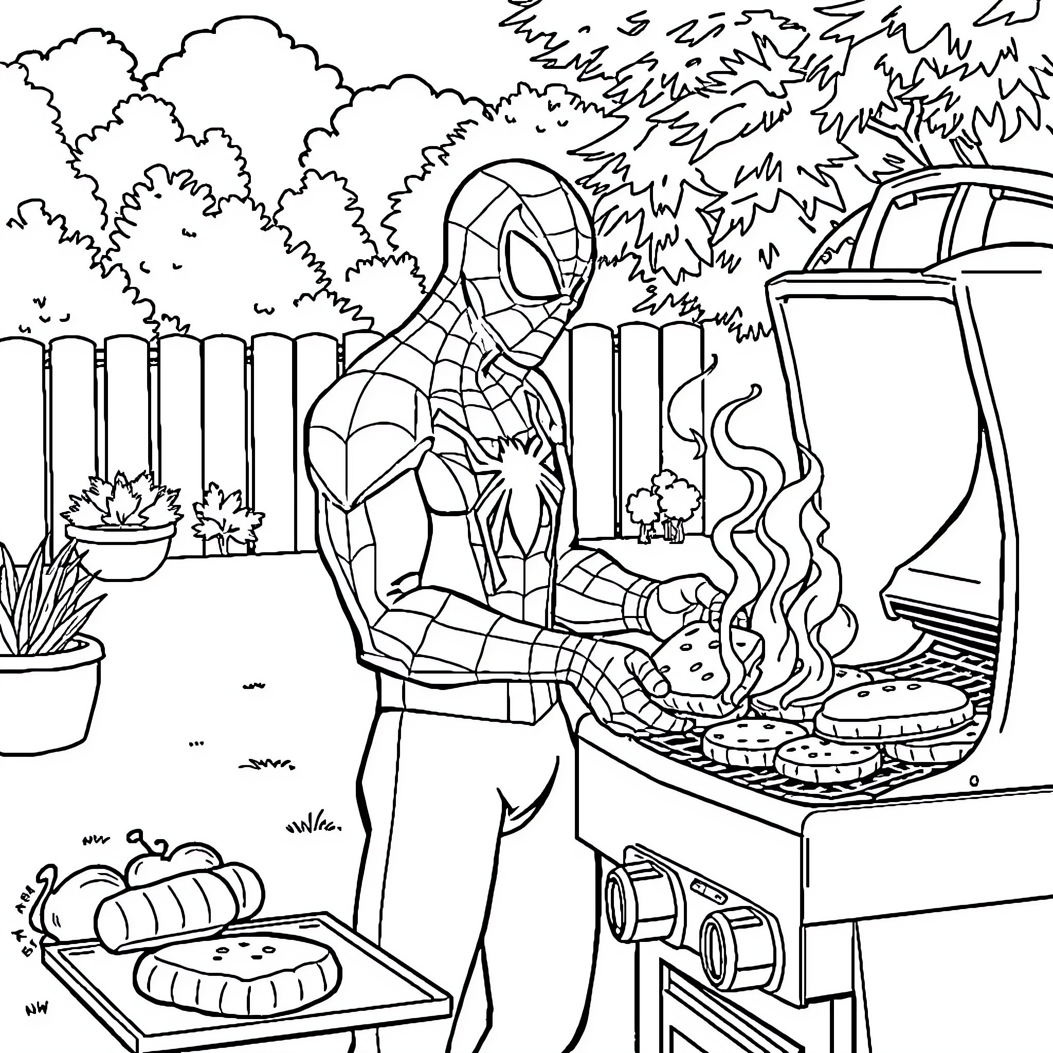 Spiderman grilling outdoors in his backyard Coloring Page (free black-and-white line drawing printable PDF for all, from beginners to advanced learners, including children, teens, adults, and seniors)