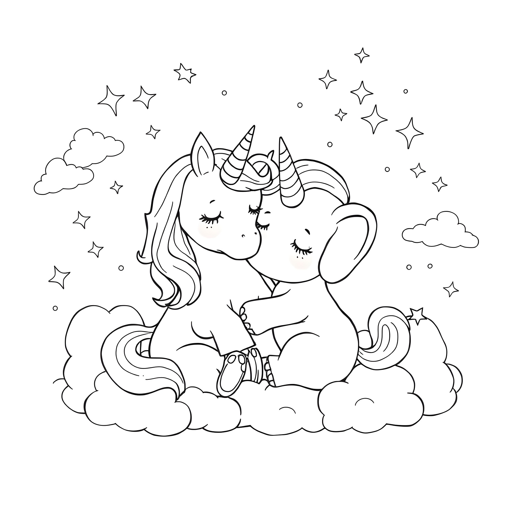 Unicorn hugging a baby unicorn in the clouds Coloring Page (free black-and-white line drawing printable PDF for all, from beginners to advanced learners, including children, teens, adults, and seniors)