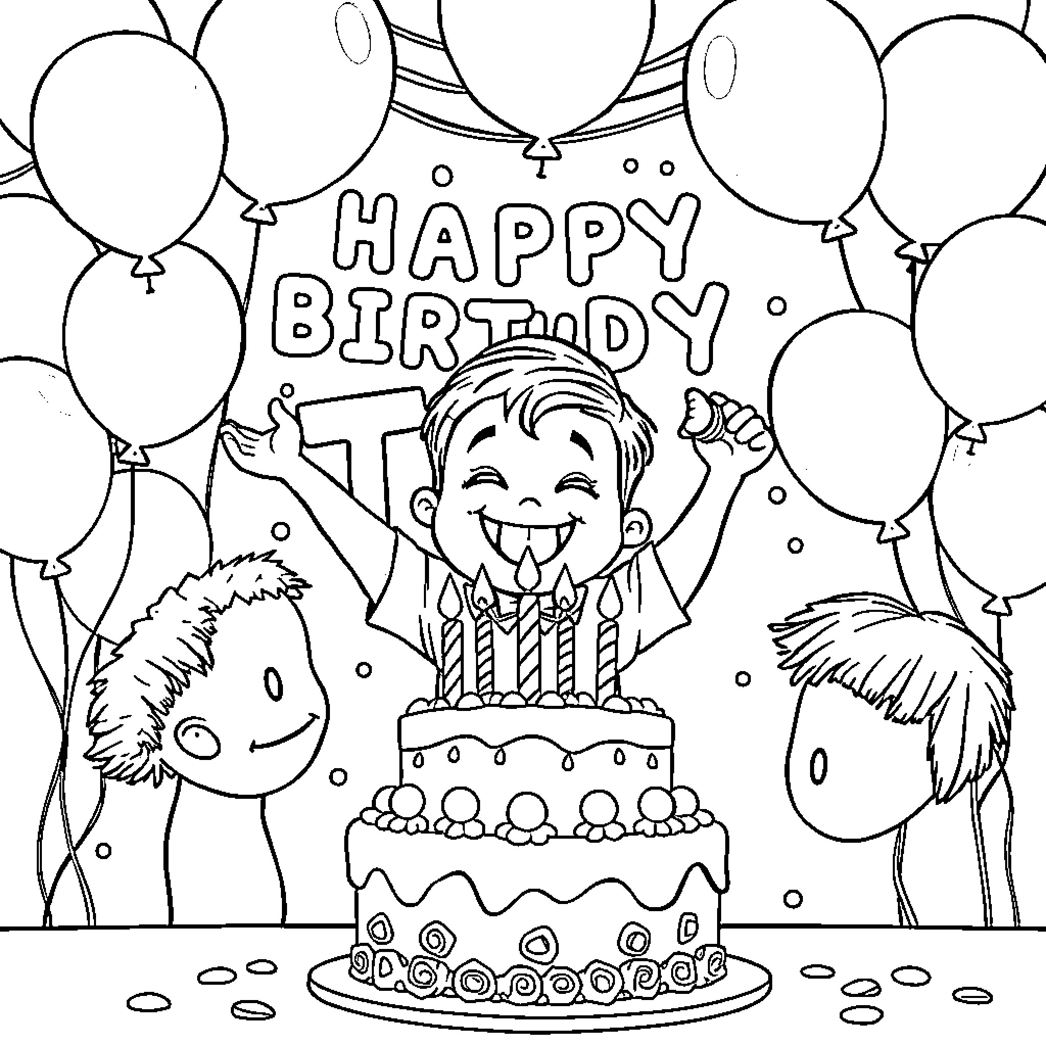 Birthday celebration with cake and balloons Coloring Page (free black-and-white line drawing printable PDF for all, from beginners to advanced learners, including children, teens, adults, and seniors)