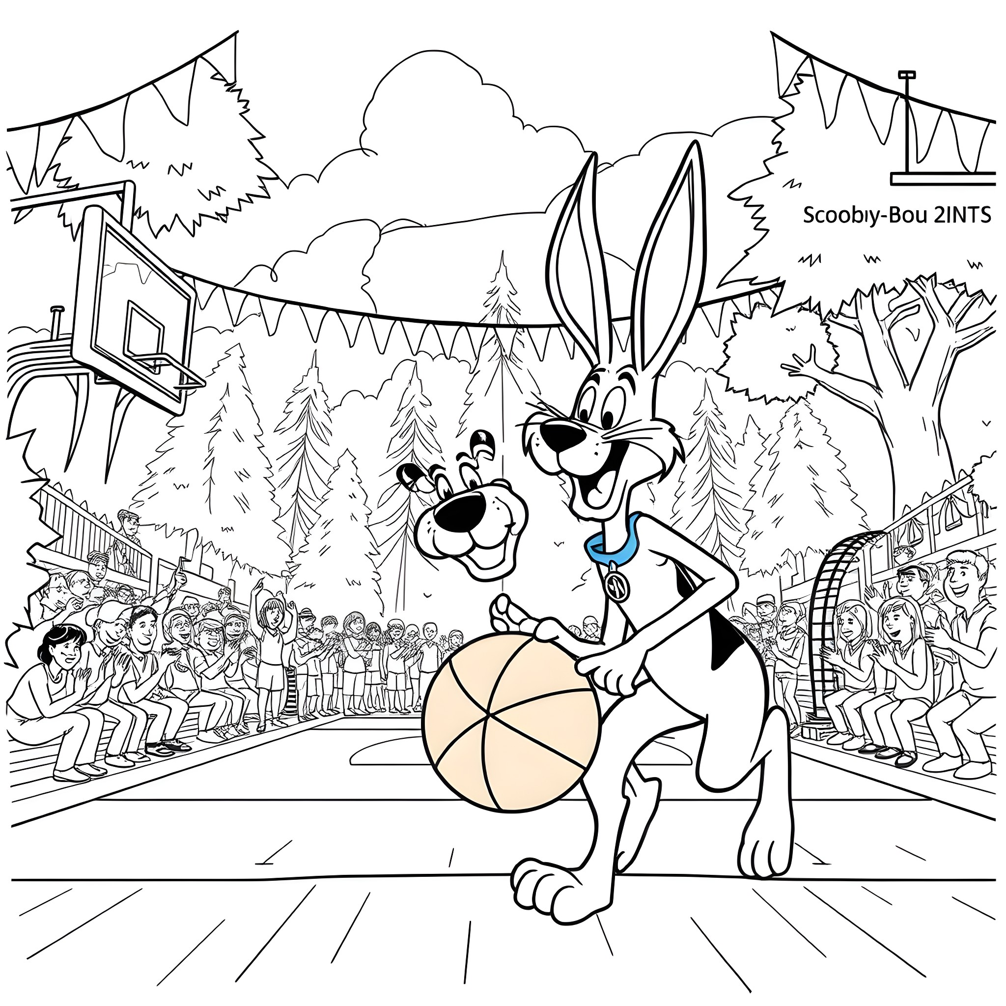 Scooby-Doo and Bugs Bunny in an outdoor carnival setting Coloring Page (free black-and-white line drawing printable PDF for all, from beginners to advanced learners, including children, teens, adults, and seniors)