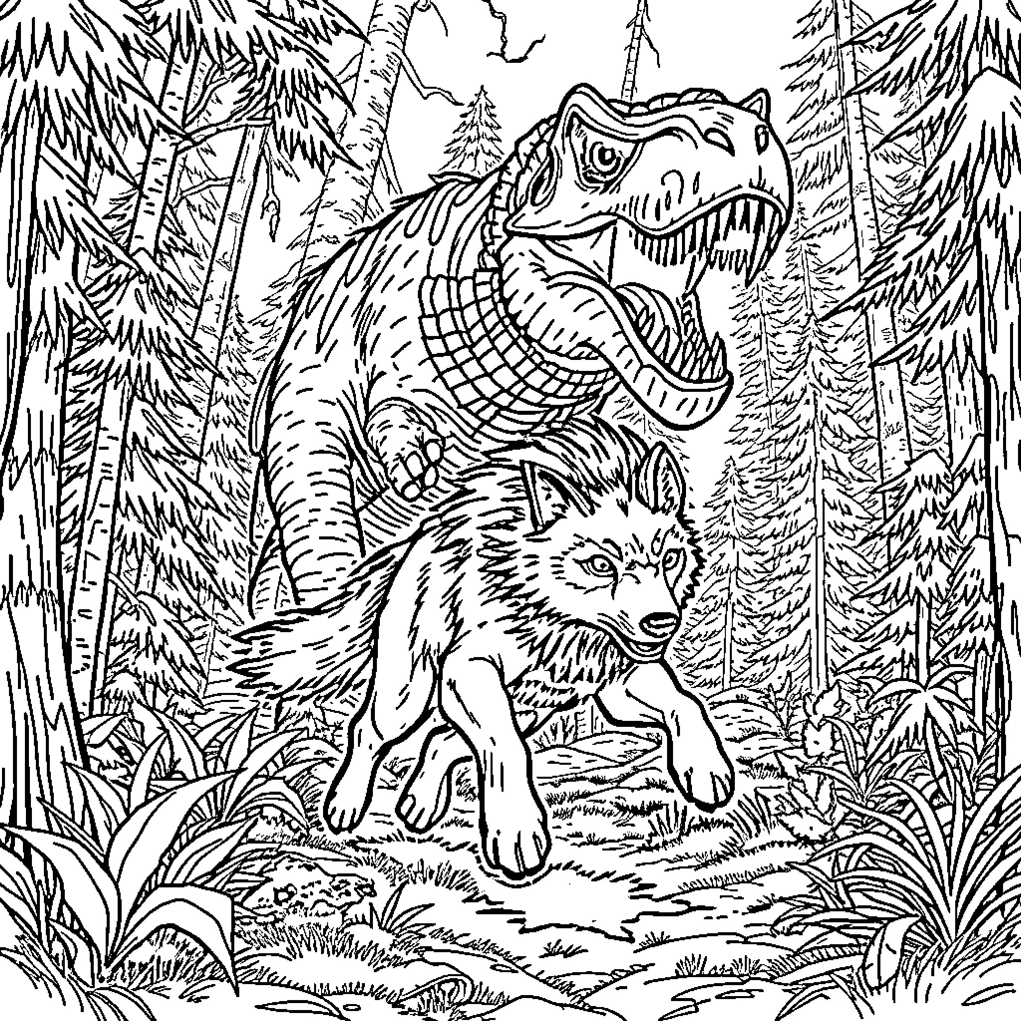 Wolf and Dinosaur in Prehistoric Jungle Coloring Page (free black-and-white line drawing printable PDF for all, from beginners to advanced learners, including children, teens, adults, and seniors)