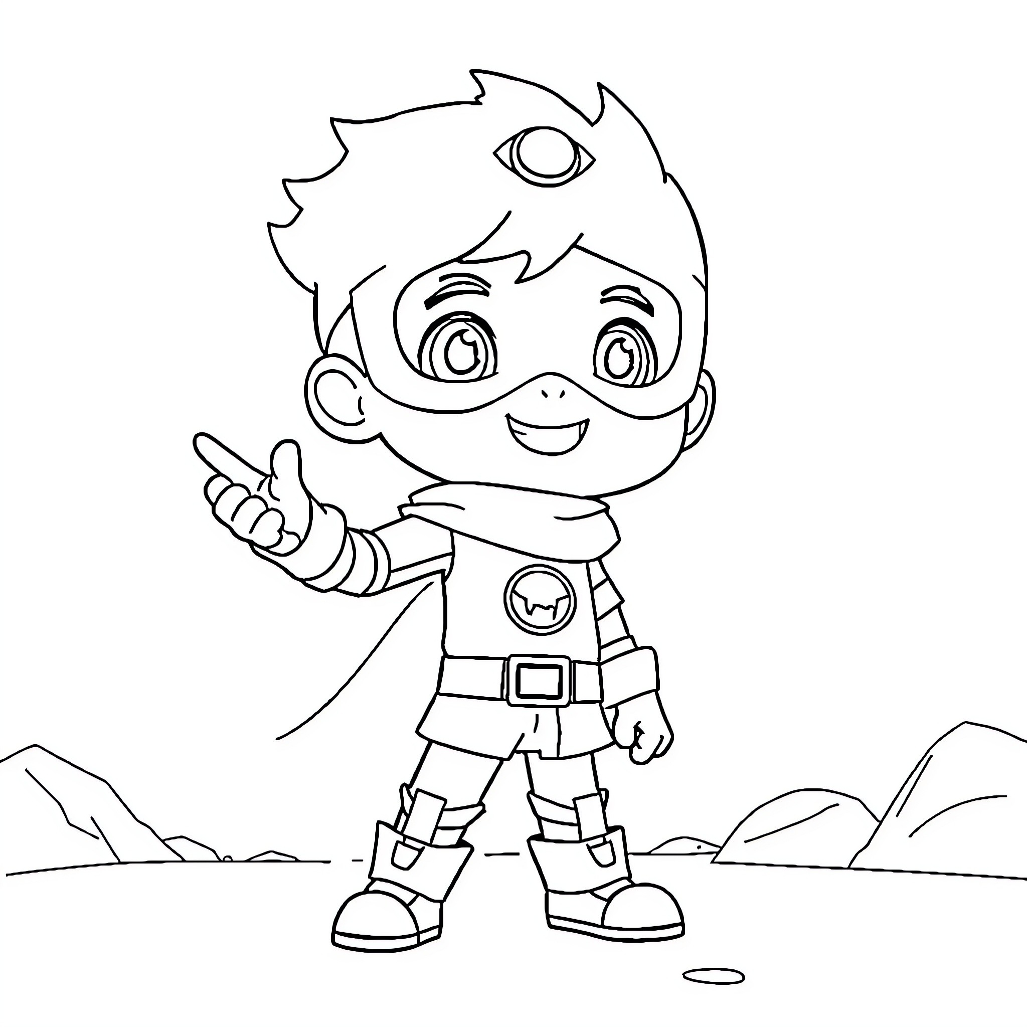 Boboiboy in a happy and adventurous pose Coloring Page (free black-and-white line drawing printable PDF for all, from beginners to advanced learners, including children, teens, adults, and seniors)