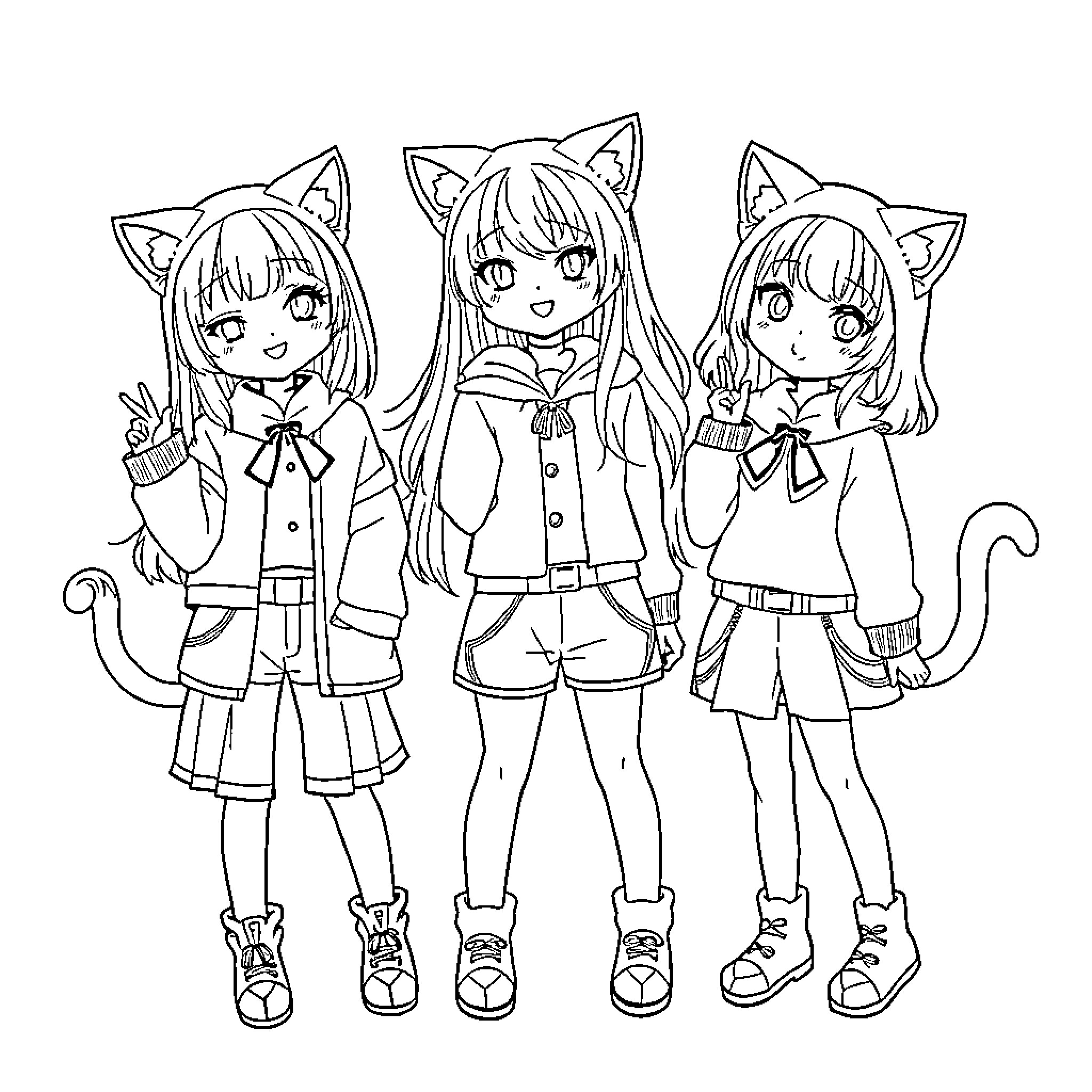 K-pop Girl Group in Stylish Outfits Coloring Page (free black-and-white line drawing printable PDF for all, from beginners to advanced learners, including children, teens, adults, and seniors)