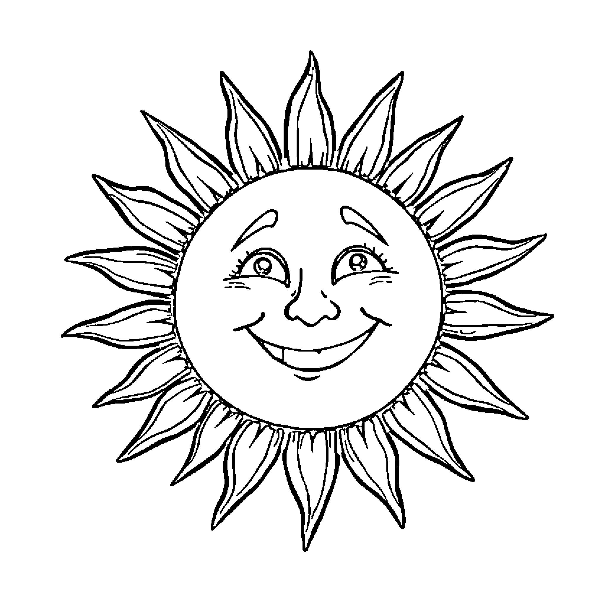 Sun smiling happily with expressive face Coloring Page (free black-and-white line drawing printable PDF for all, from beginners to advanced learners, including children, teens, adults, and seniors)