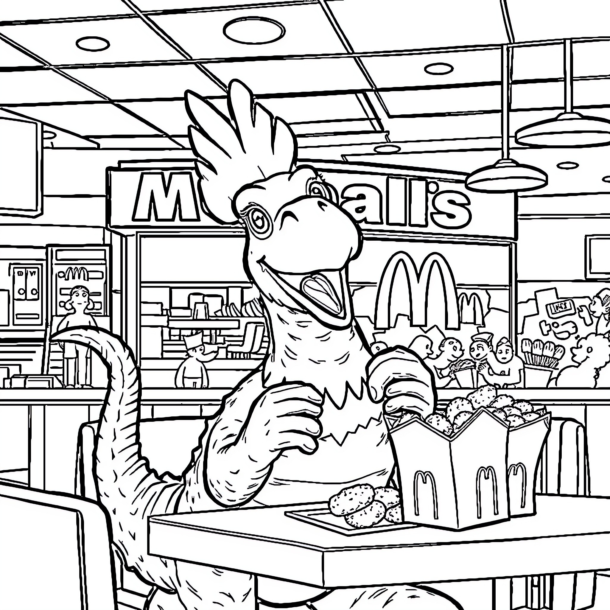 Chicken Dinosaur working at a fast food restaurant Coloring Page (free black-and-white line drawing printable PDF for all, from beginners to advanced learners, including children, teens, adults, and seniors)