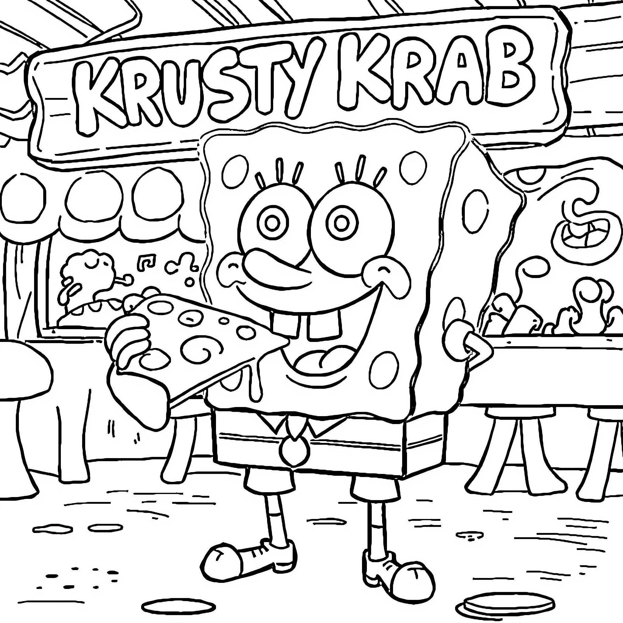Spongebob standing outside the Krusty Krab restaurant Coloring Page (free black-and-white line drawing printable PDF for all, from beginners to advanced learners, including children, teens, adults, and seniors)
