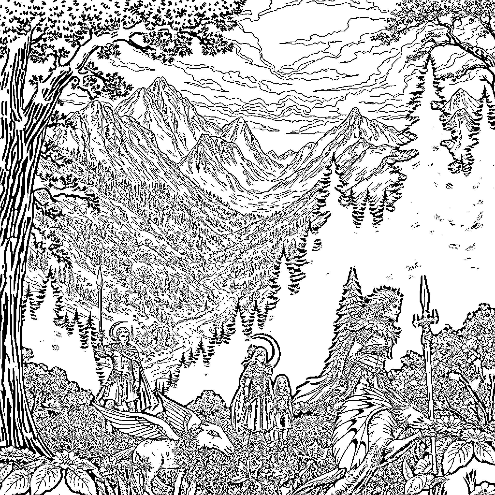 A Court of Thorns and Roses - Fantasy Figures and Mythical Creatures in Enchanting Landscape Coloring Page (free black-and-white line drawing printable PDF for all, from beginners to advanced learners, including children, teens, adults, and seniors)