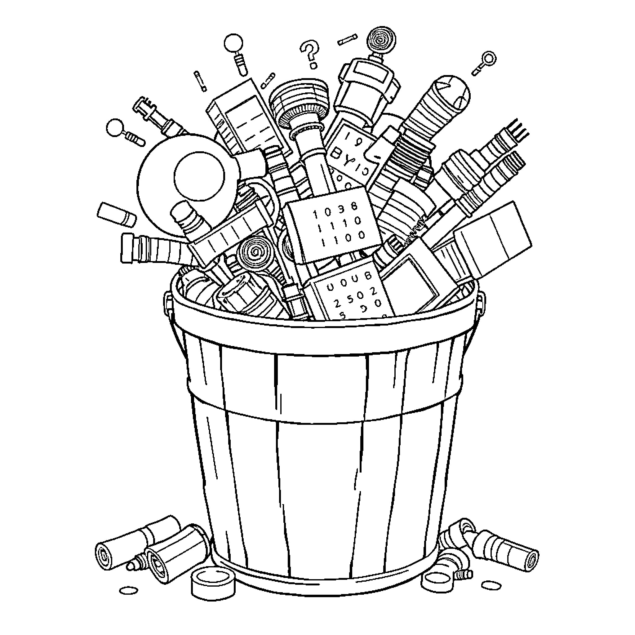 Bucket full of assorted mechanical parts Coloring Page (free black-and-white line drawing printable PDF for all, from beginners to advanced learners, including children, teens, adults, and seniors)