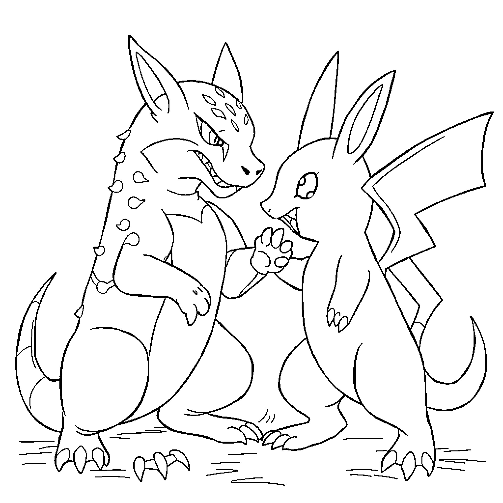 Dog Monsters Playing Together in Nature Coloring Page (free black-and-white line drawing printable PDF for all, from beginners to advanced learners, including children, teens, adults, and seniors)