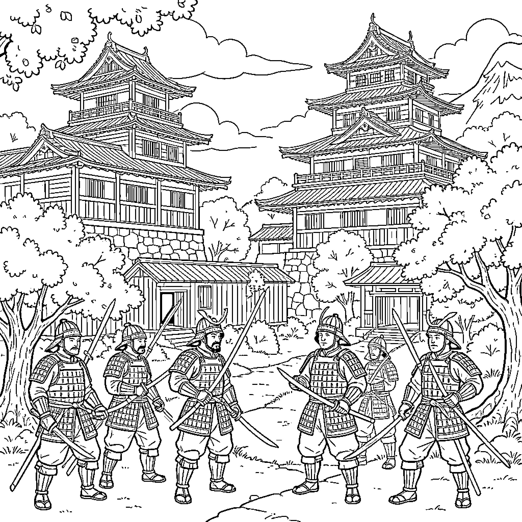 Japan samurai warriors standing in front of historic castles Coloring Page (free black-and-white line drawing printable PDF for all, from beginners to advanced learners, including children, teens, adults, and seniors)