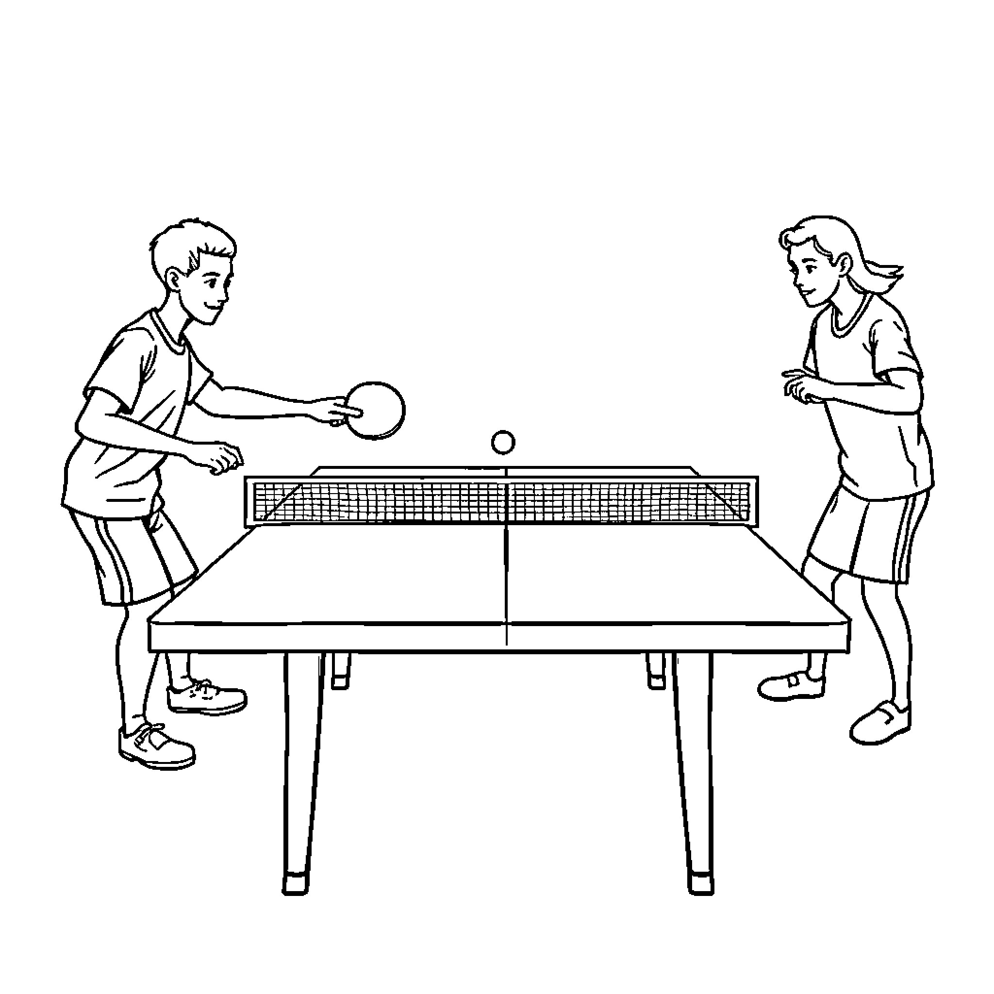 Table Tennis Players at the Net Coloring Page (free black-and-white line drawing printable PDF for all, from beginners to advanced learners, including children, teens, adults, and seniors)