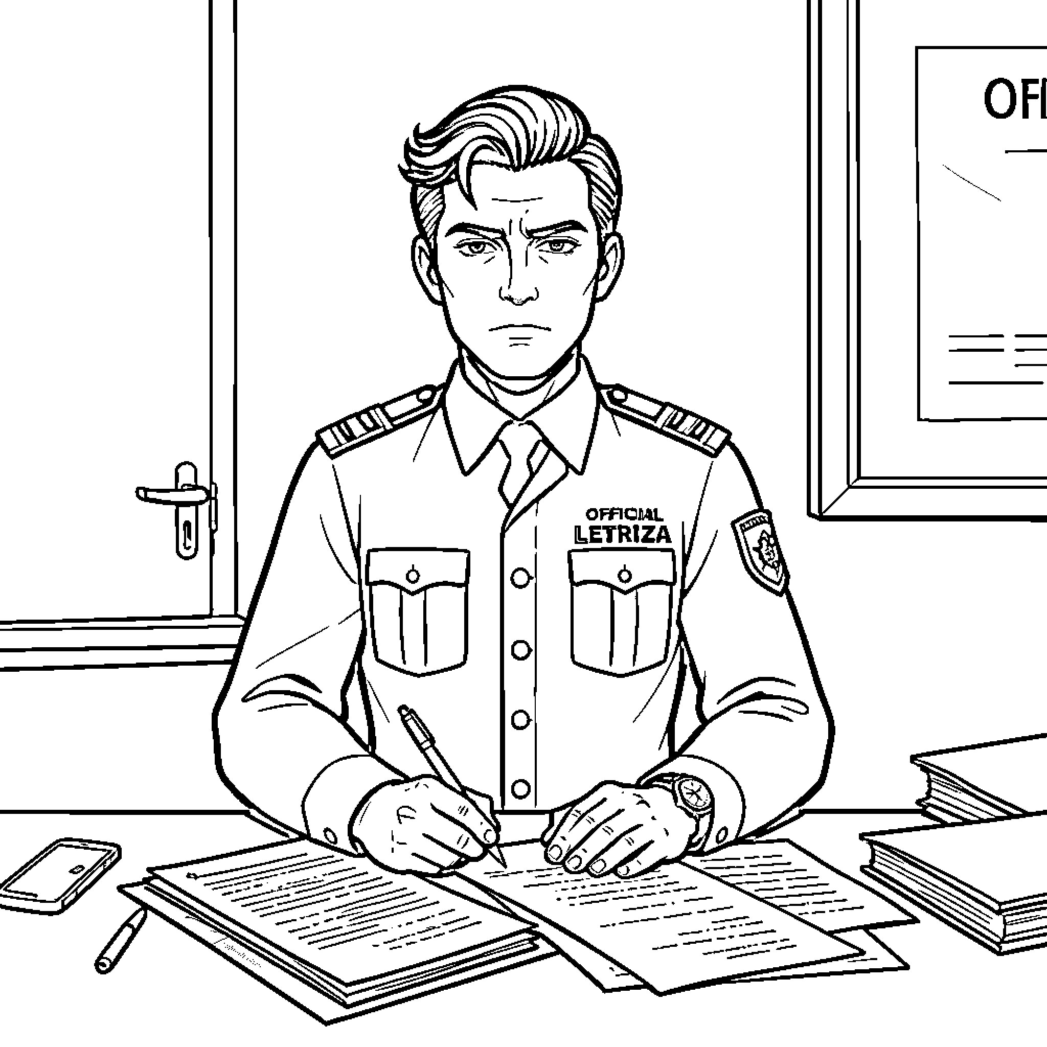 Official Letriza signing official documents in office Coloring Page (free black-and-white line drawing printable PDF for all, from beginners to advanced learners, including children, teens, adults, and seniors)