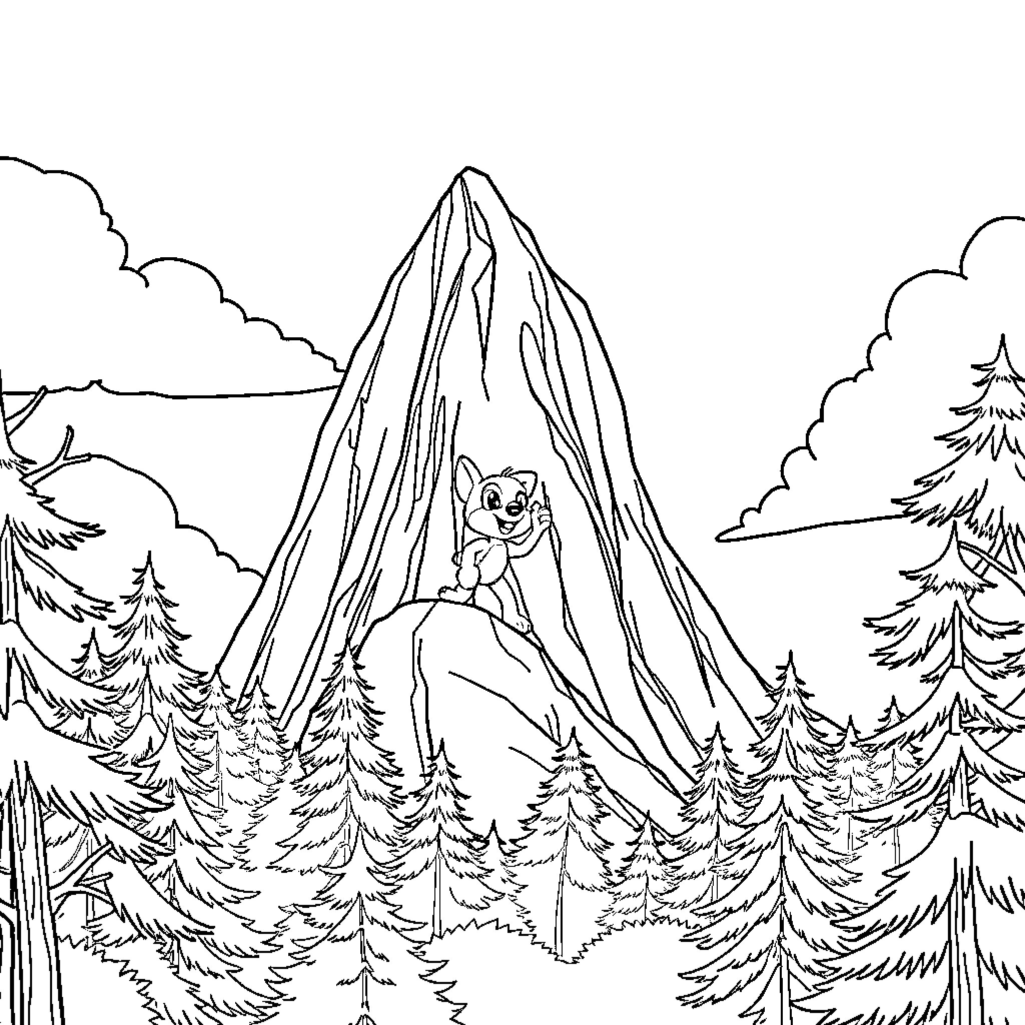 Bluey's outdoor adventure in the forest landscape Coloring Page (free black-and-white line drawing printable PDF for all, from beginners to advanced learners, including children, teens, adults, and seniors)