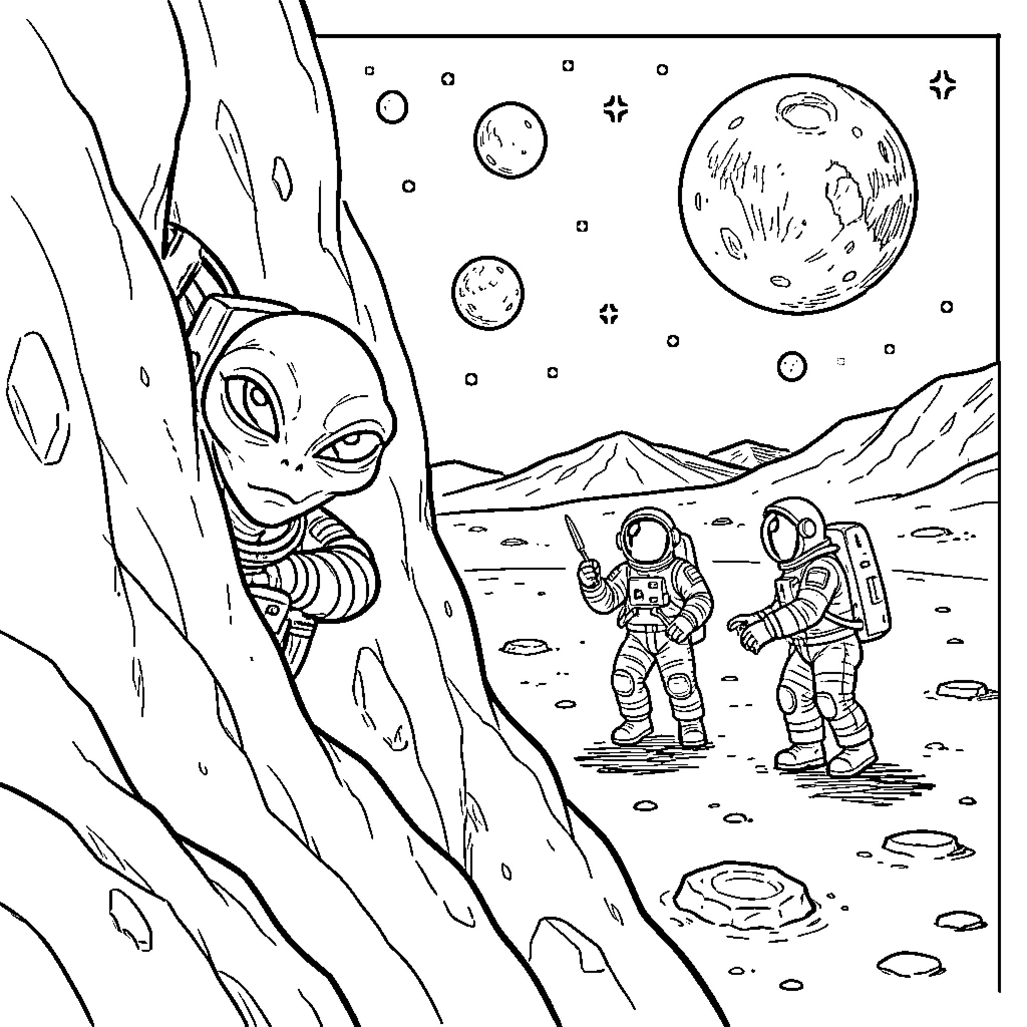 Alien explorers on the mysterious planet Coloring Page (free black-and-white line drawing printable PDF for all, from beginners to advanced learners, including children, teens, adults, and seniors)