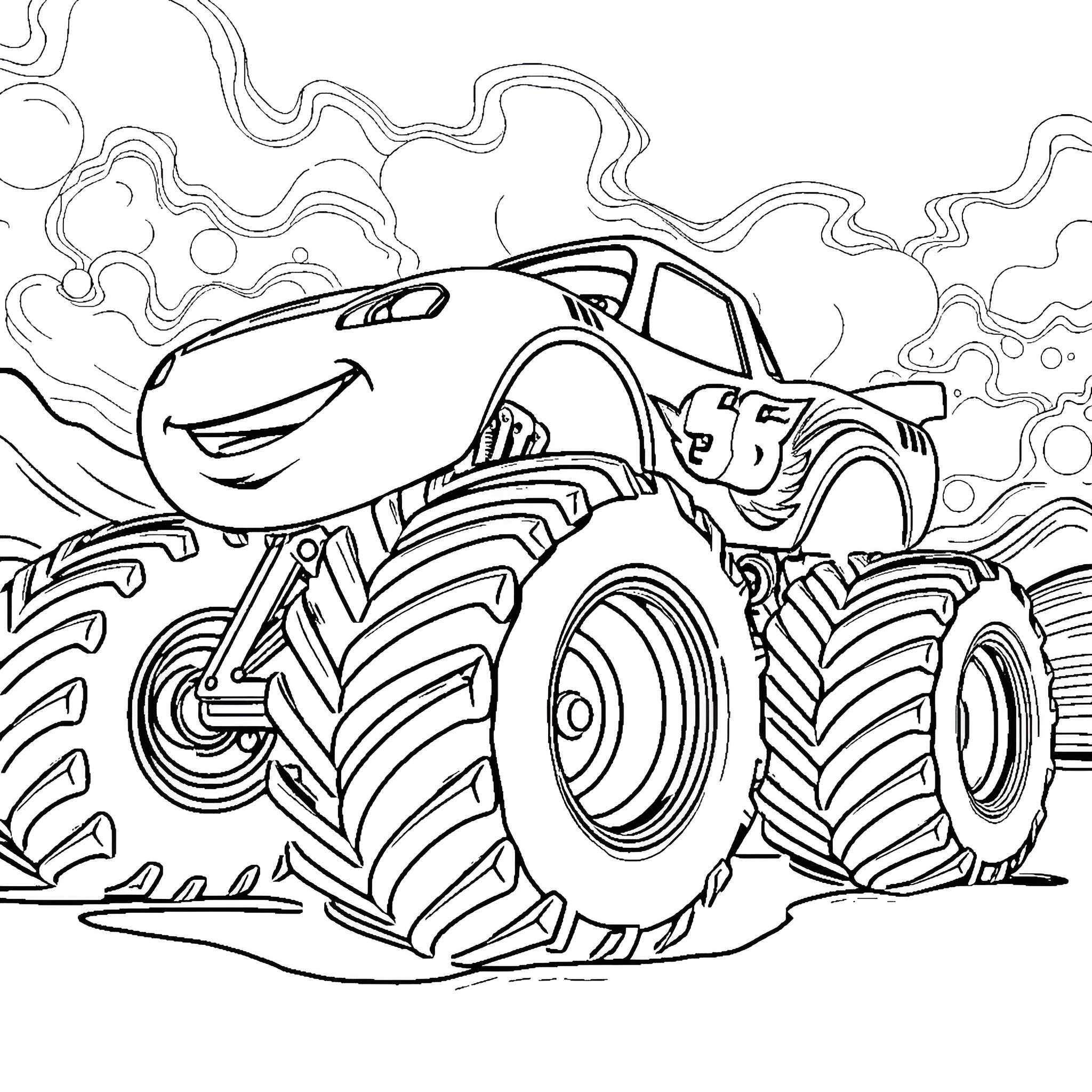 Lightning McQueen driving a monster truck in the outdoors Coloring Page (free black-and-white line drawing printable PDF for all, from beginners to advanced learners, including children, teens, adults, and seniors)