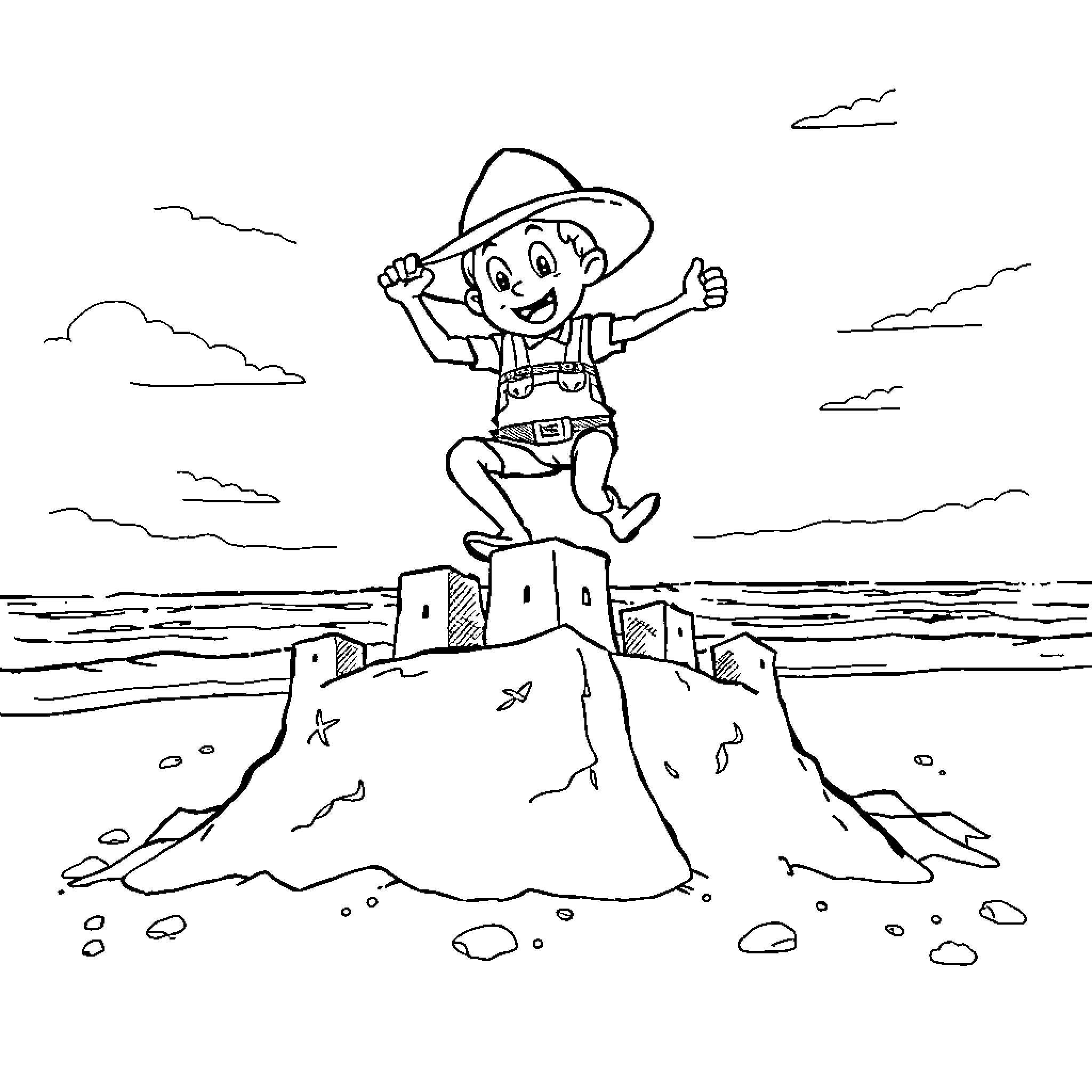 Gravedigger builds sandcastle happily by the beach Coloring Page (free black-and-white line drawing printable PDF for all, from beginners to advanced learners, including children, teens, adults, and seniors)