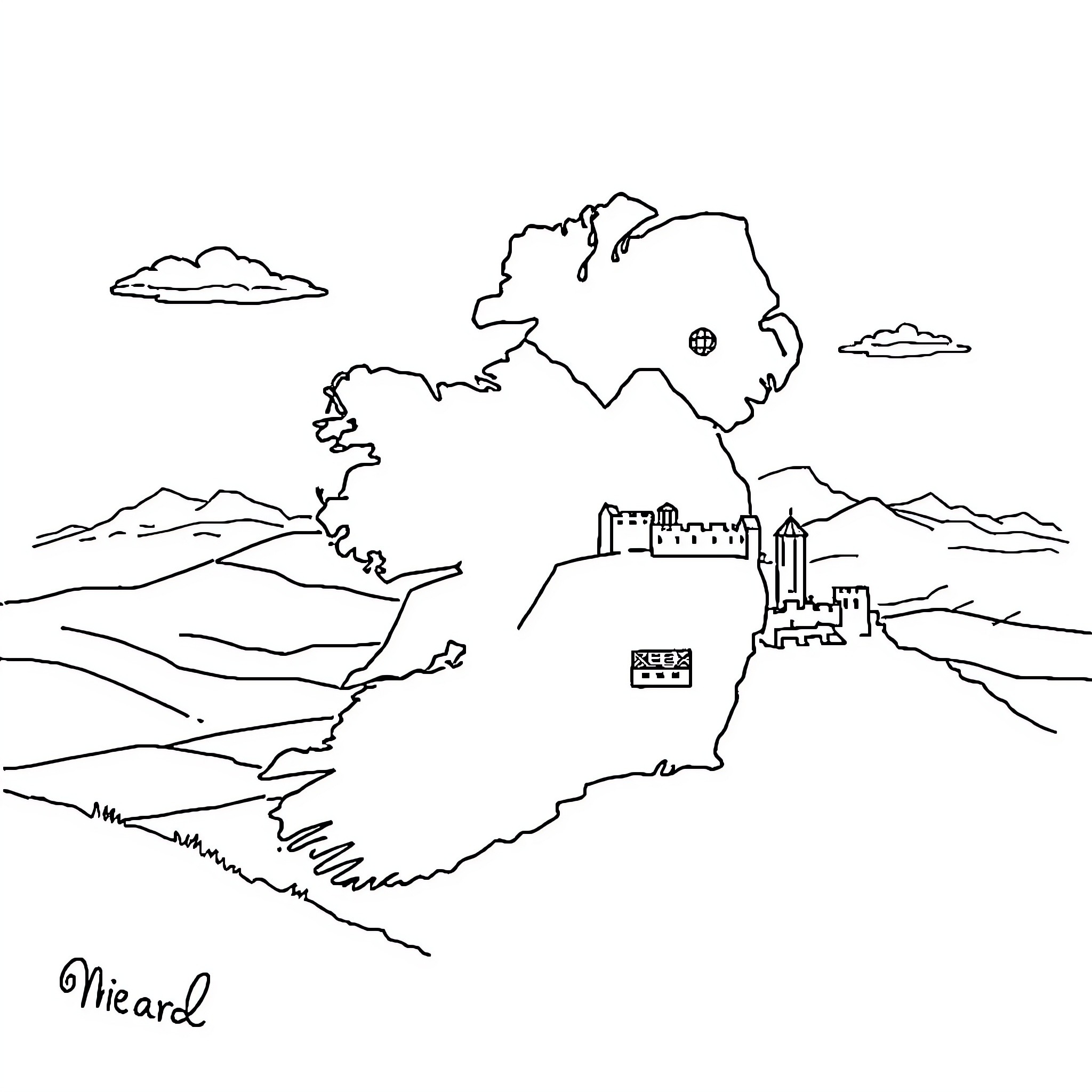 Ireland's Enchanting Landscape and Historic Landmarks Coloring Page (free black-and-white line drawing printable PDF for all, from beginners to advanced learners, including children, teens, adults, and seniors)