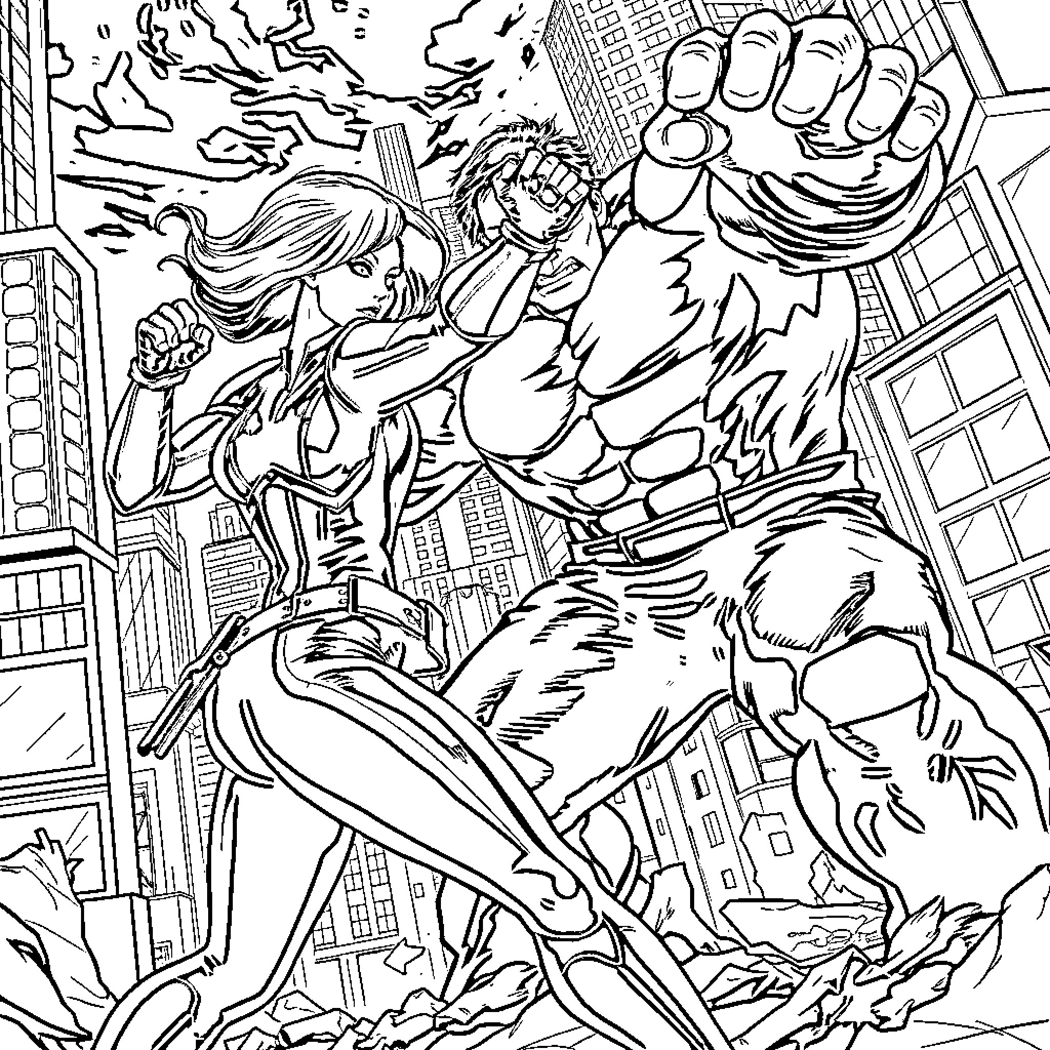 Black Widow's Superhero Action in the City Coloring Page (free black-and-white line drawing printable PDF for all, from beginners to advanced learners, including children, teens, adults, and seniors)