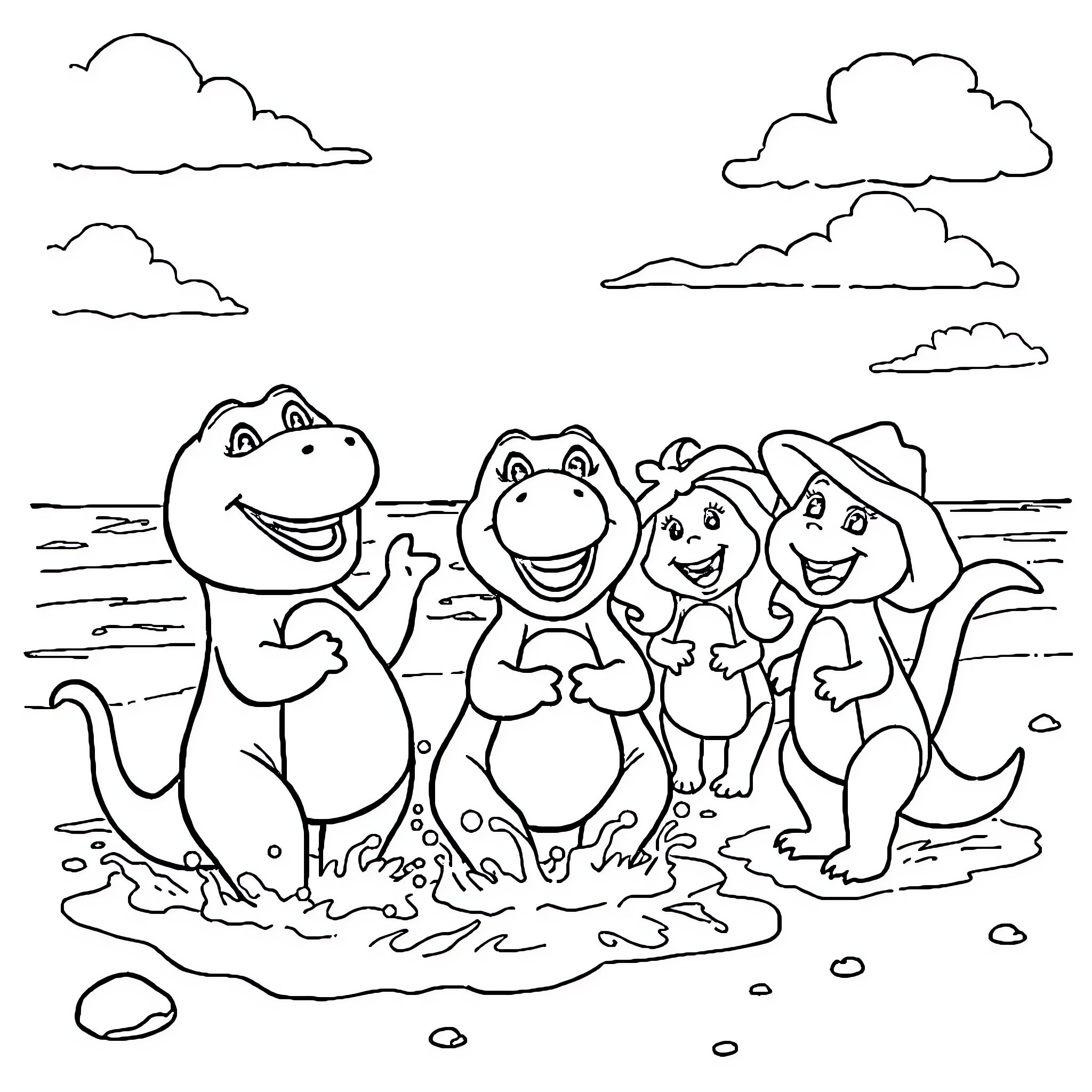Barney and friends playing together on the beach Coloring Page (free black-and-white line drawing printable PDF for all, from beginners to advanced learners, including children, teens, adults, and seniors)