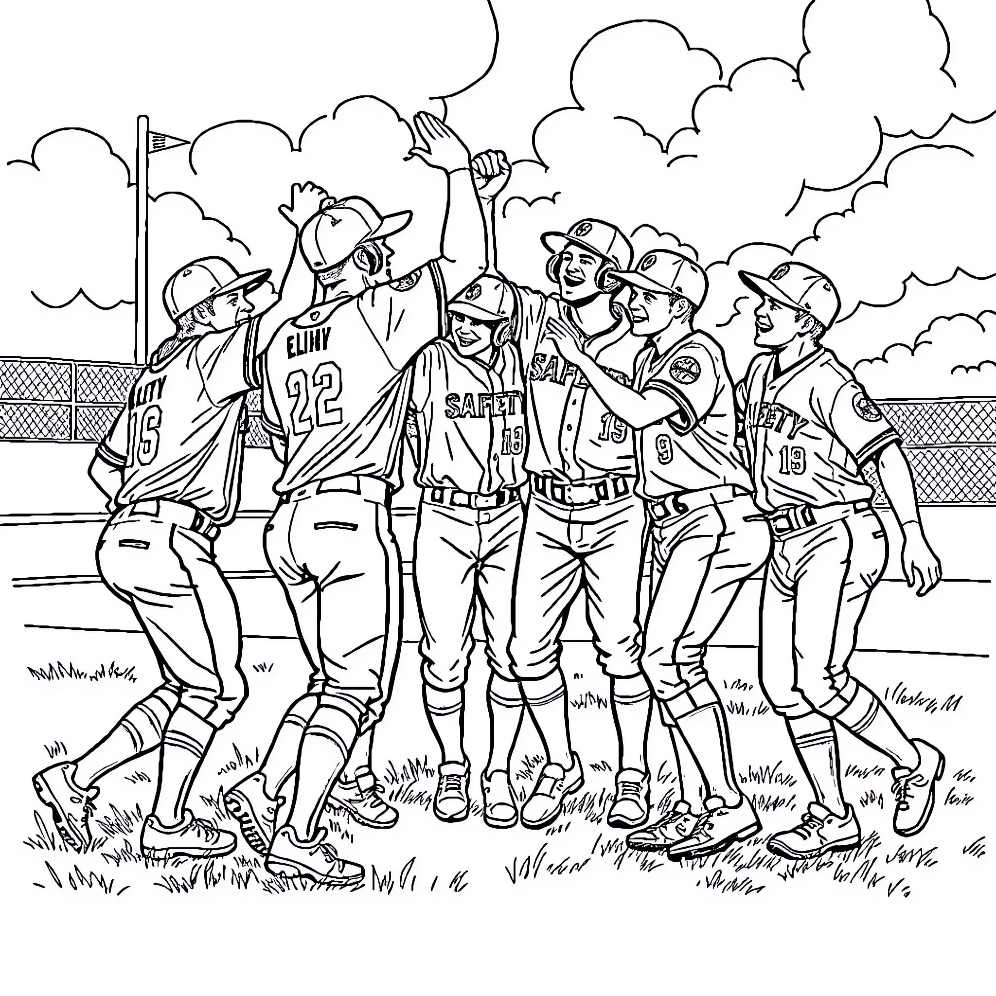 Baseball players celebrating victory on the field Coloring Page (free black-and-white line drawing printable PDF for all, from beginners to advanced learners, including children, teens, adults, and seniors)