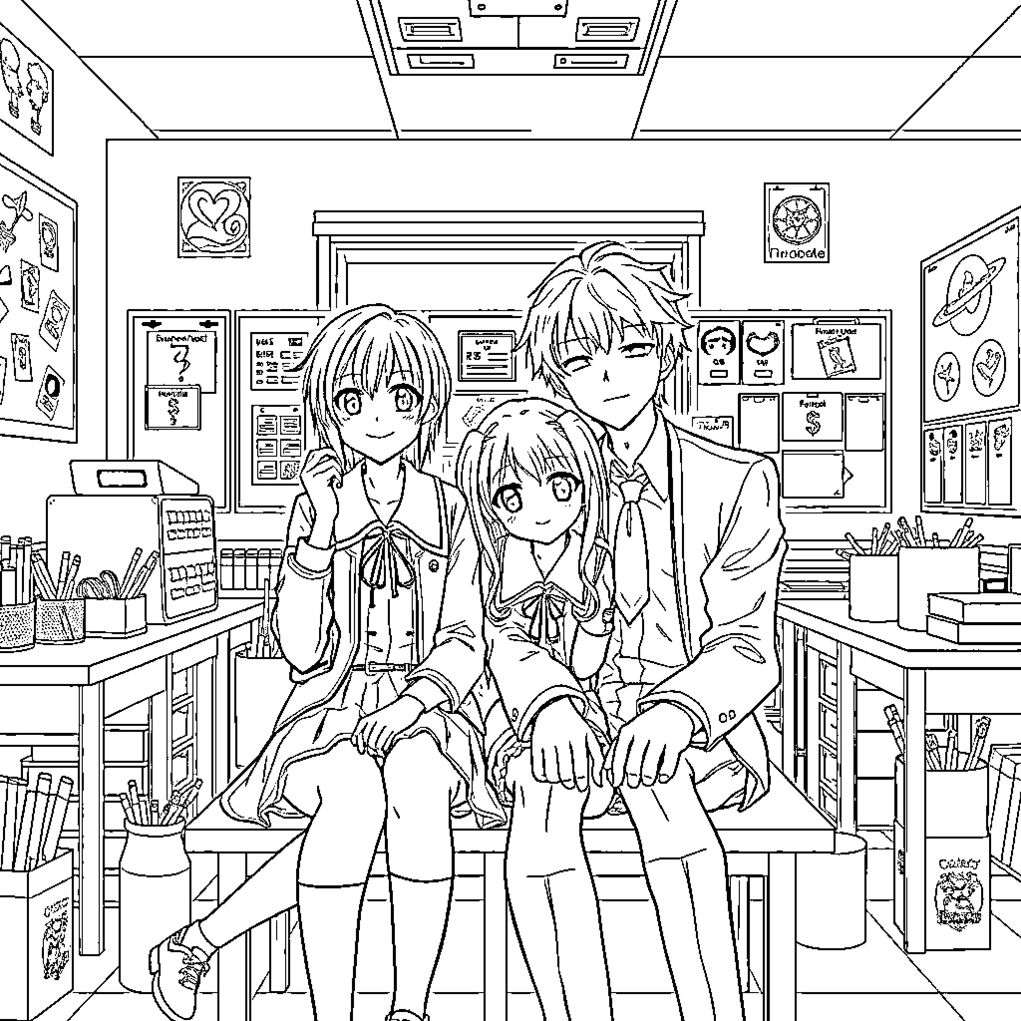 Tohru Honda and friends in their classroom Coloring Page (free black-and-white line drawing printable PDF for all, from beginners to advanced learners, including children, teens, adults, and seniors)