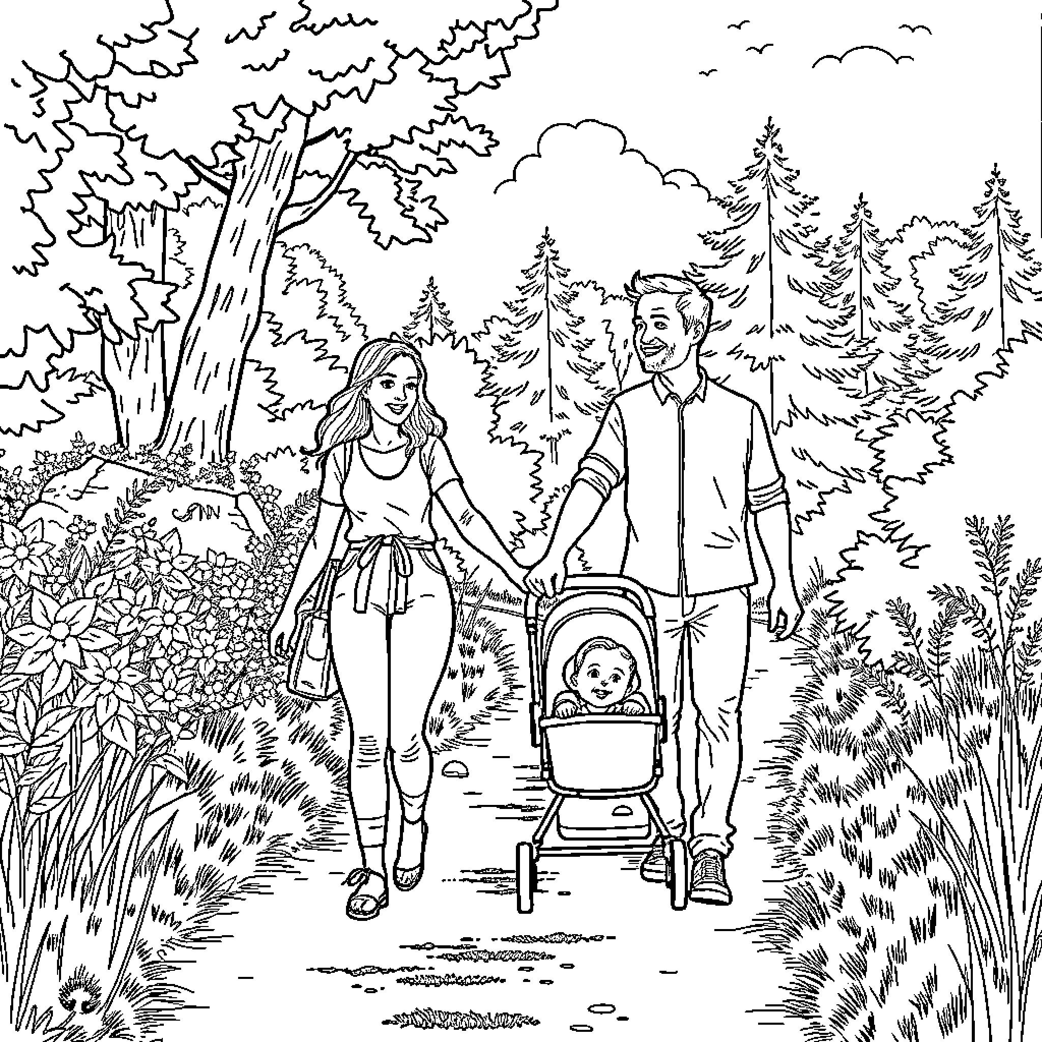 Family enjoying a walk in the peaceful forest Coloring Page (free black-and-white line drawing printable PDF for all, from beginners to advanced learners, including children, teens, adults, and seniors)