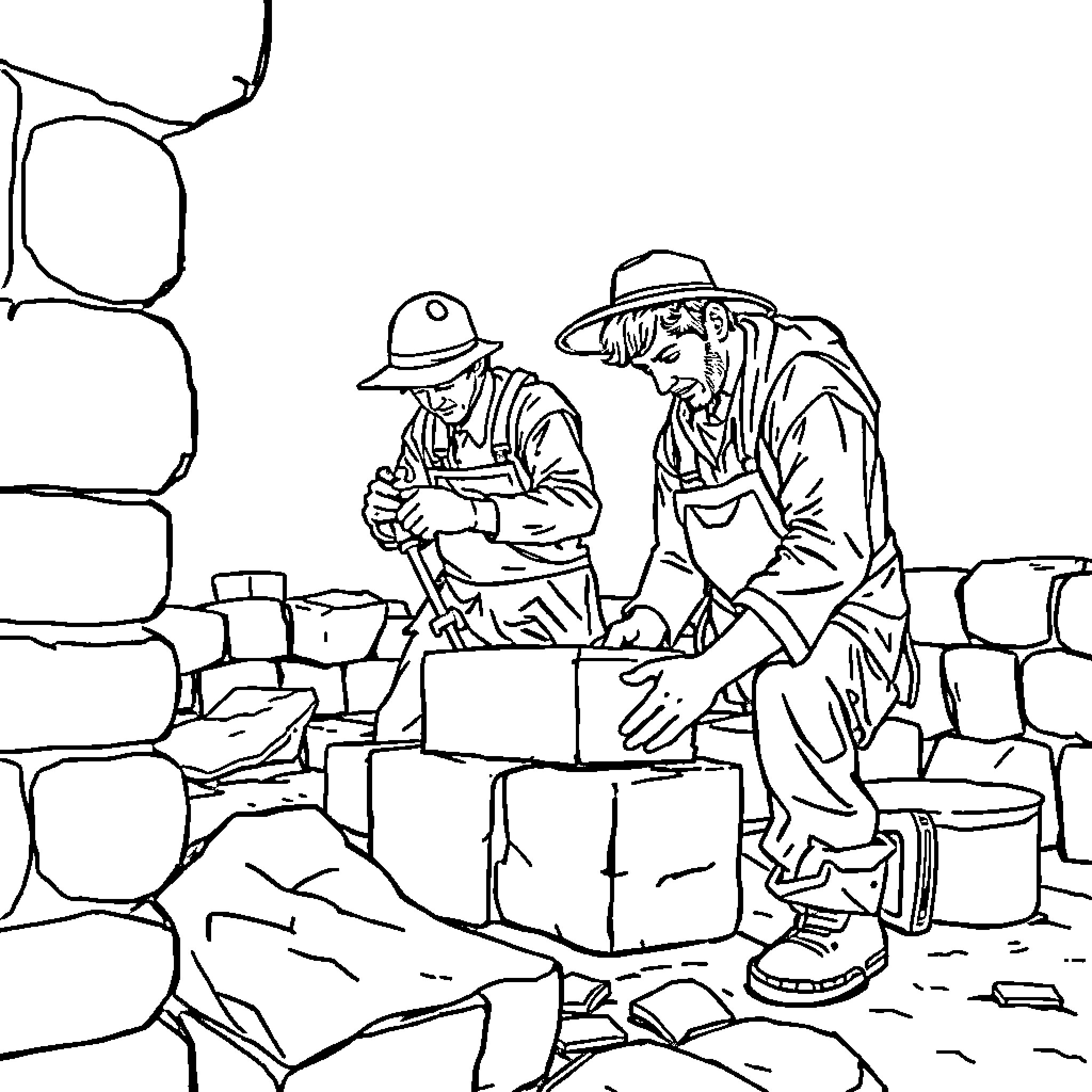 Workers constructing sturdy structures together Coloring Page (free black-and-white line drawing printable PDF for all, from beginners to advanced learners, including children, teens, adults, and seniors)