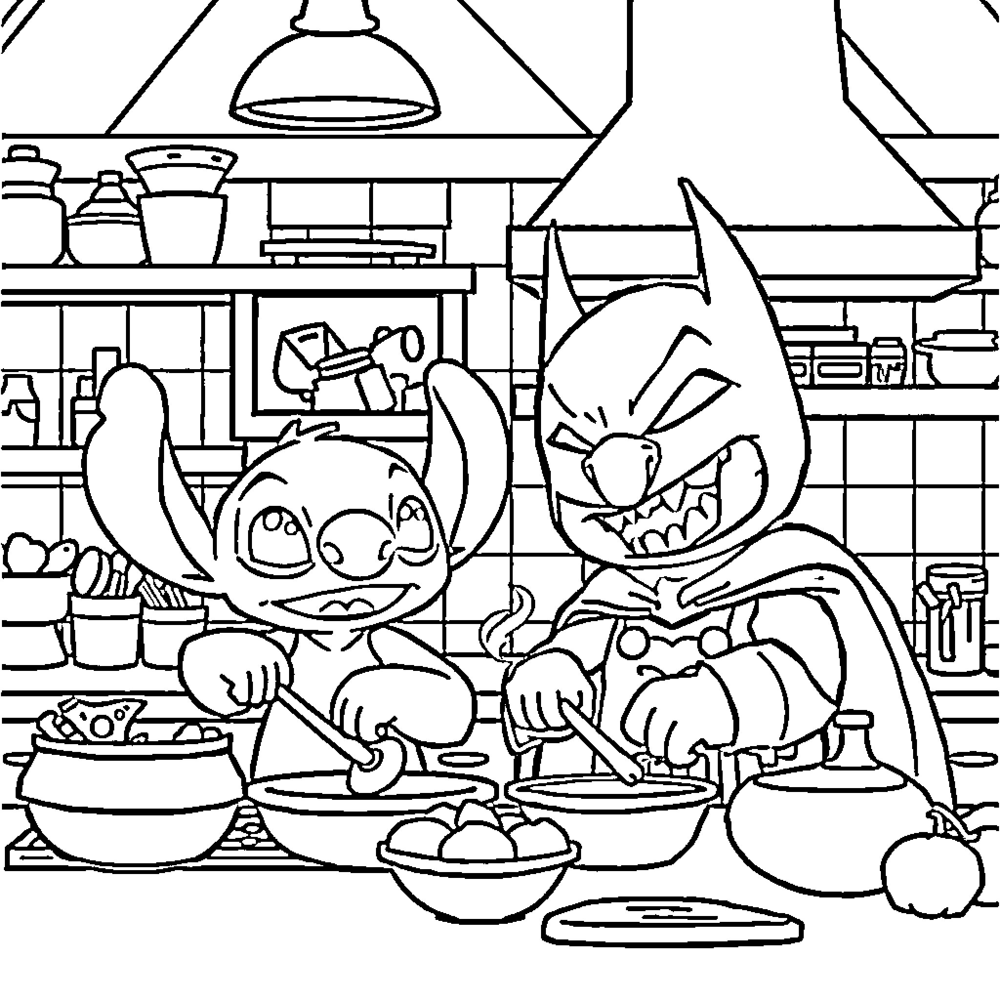 Stitch and Experiment 626 cooking in the kitchen Coloring Page (free black-and-white line drawing printable PDF for all, from beginners to advanced learners, including children, teens, adults, and seniors)