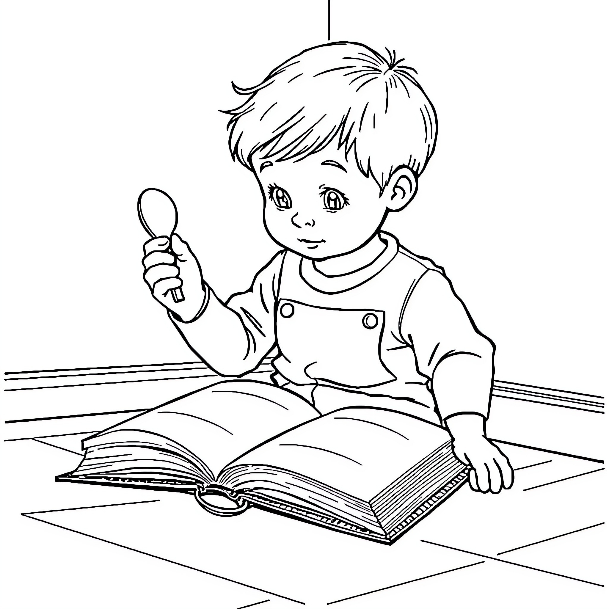 Boy reading a book intently at a desk Coloring Page (free black-and-white line drawing printable PDF for all, from beginners to advanced learners, including children, teens, adults, and seniors)