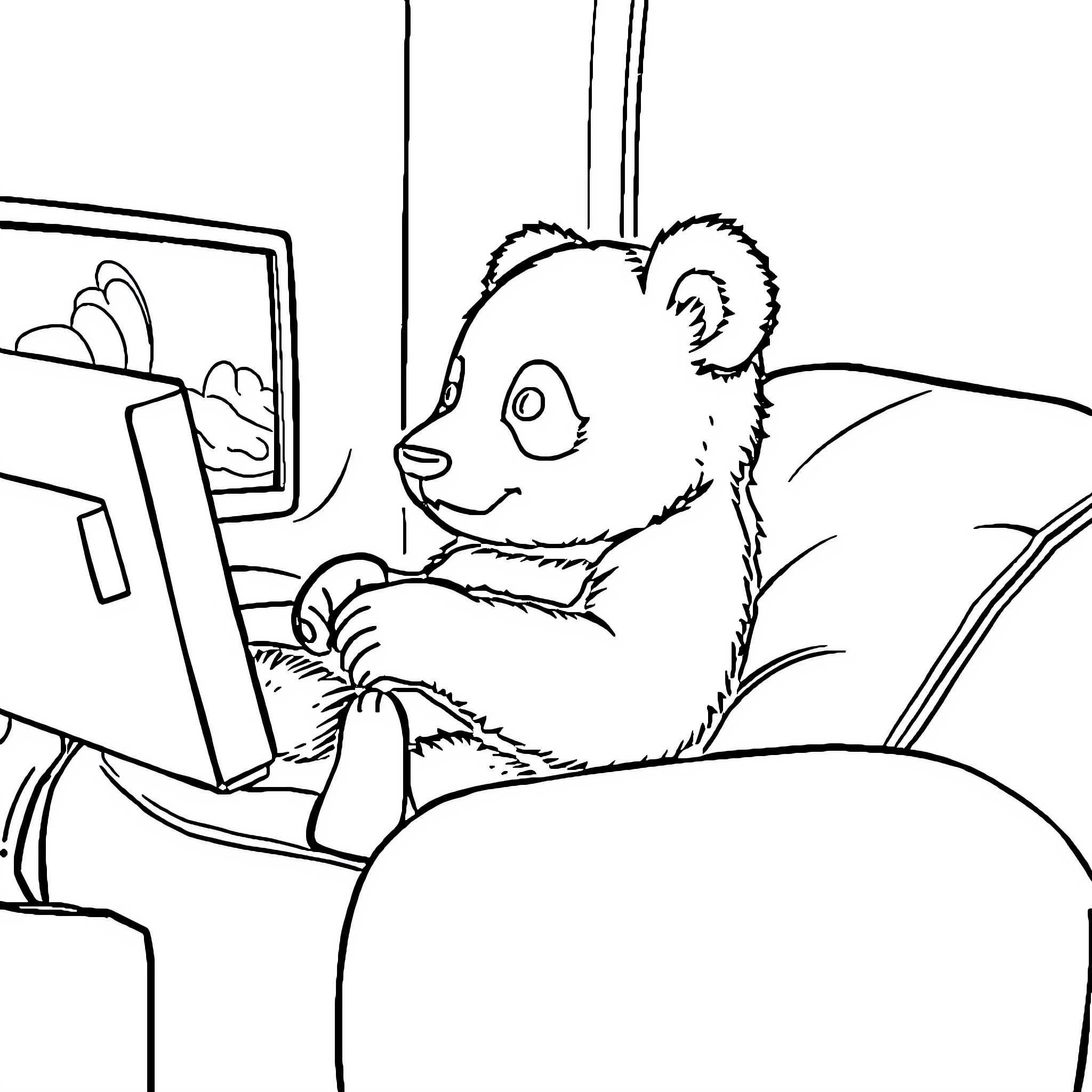 Panda using laptop happily at home Coloring Page (free black-and-white line drawing printable PDF for all, from beginners to advanced learners, including children, teens, adults, and seniors)