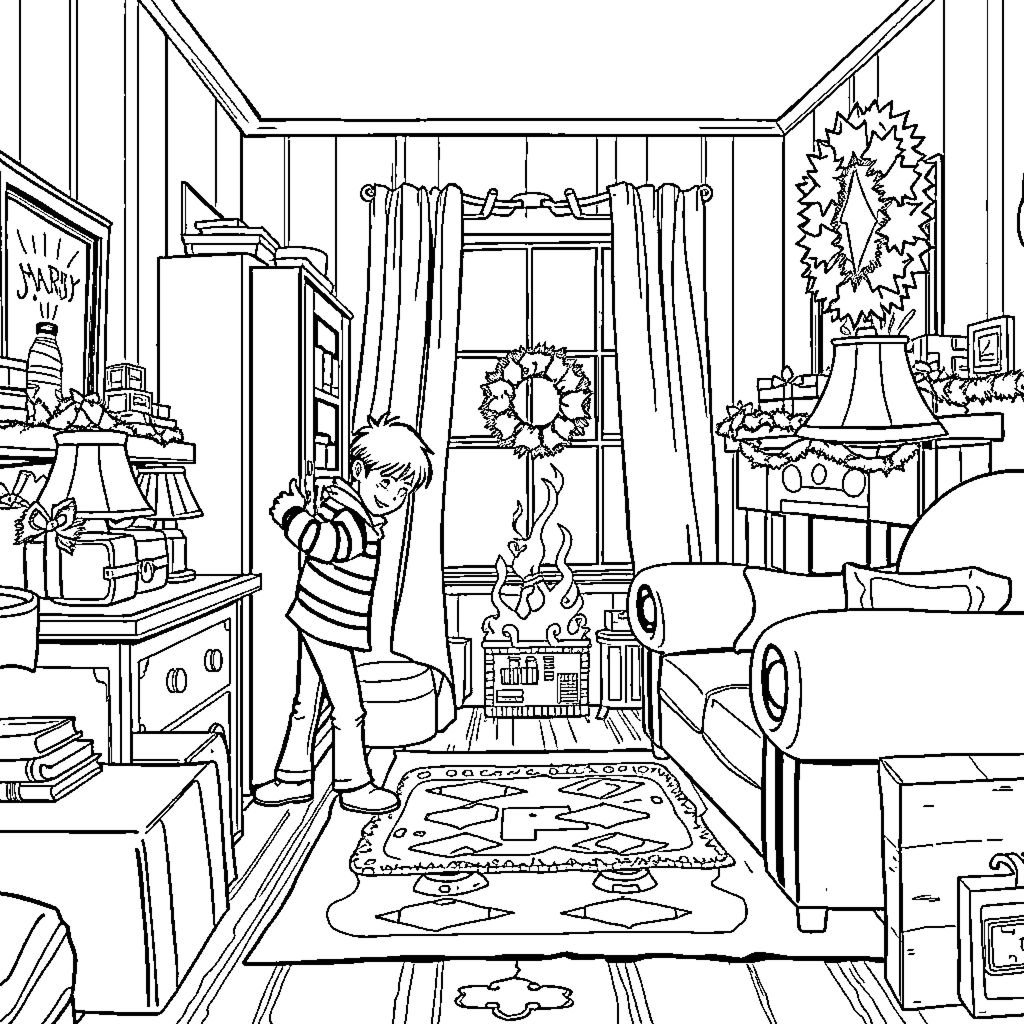 Kevin McCallister's Mischievous Antics at Home Coloring Page (free black-and-white line drawing printable PDF for all, from beginners to advanced learners, including children, teens, adults, and seniors)