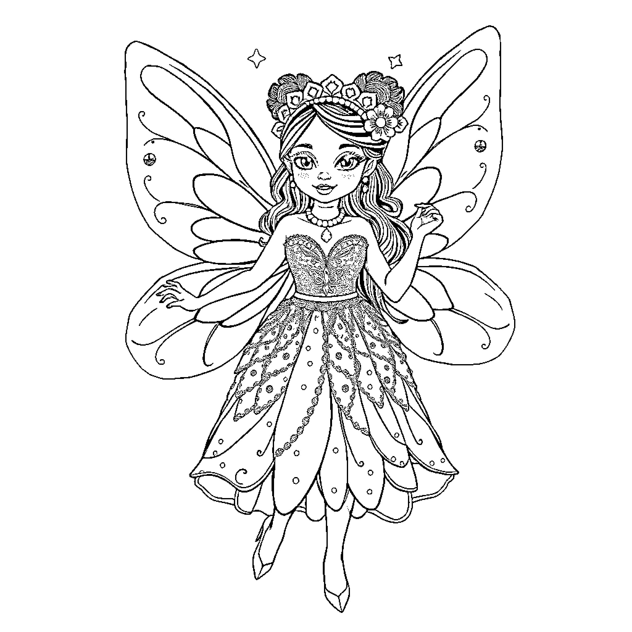 Fairy in a Whimsical Dress and Wings Coloring Page (free black-and-white line drawing printable PDF for all, from beginners to advanced learners, including children, teens, adults, and seniors)