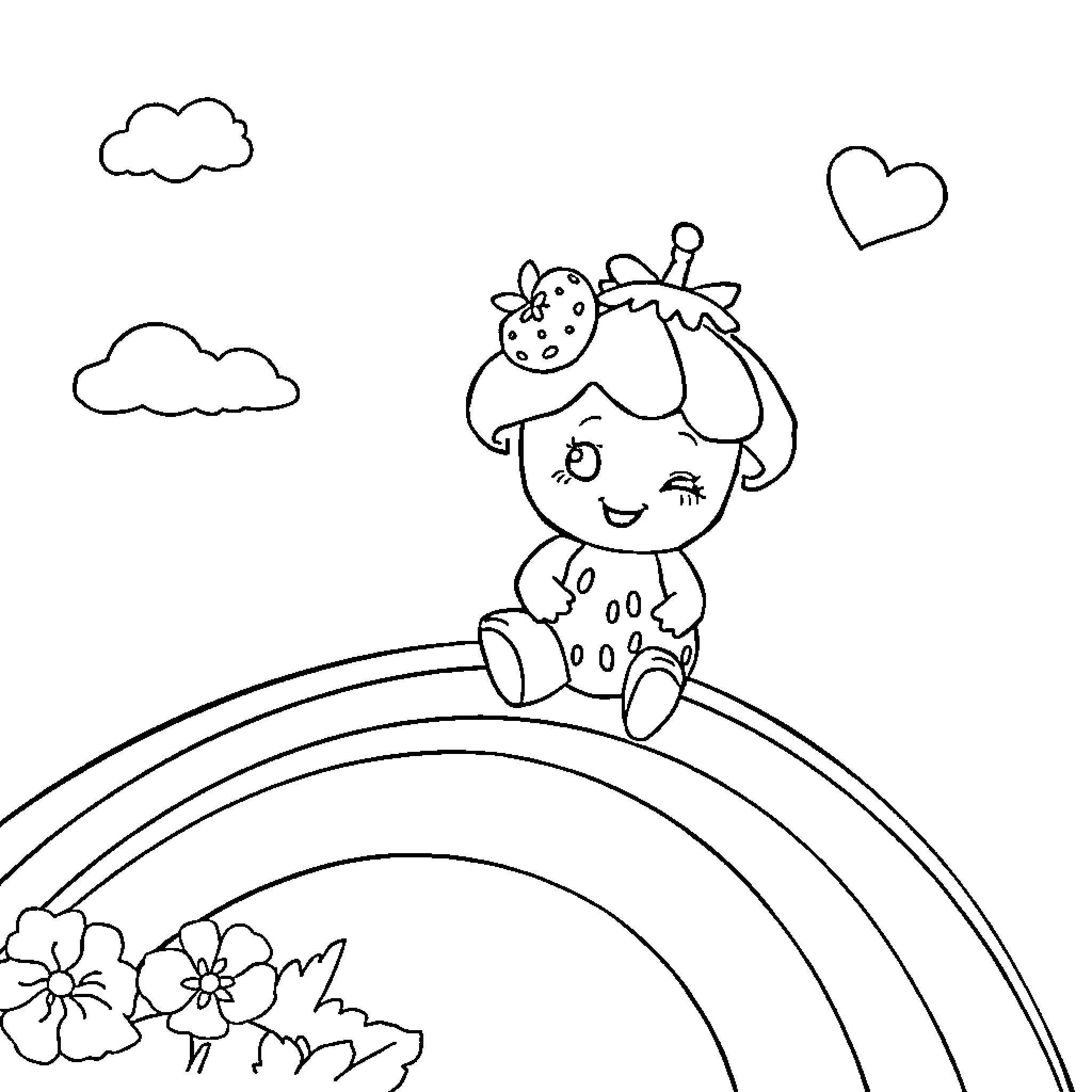 Strawberry Shortcake sitting on a rainbow Coloring Page (free black-and-white line drawing printable PDF for all, from beginners to advanced learners, including children, teens, adults, and seniors)