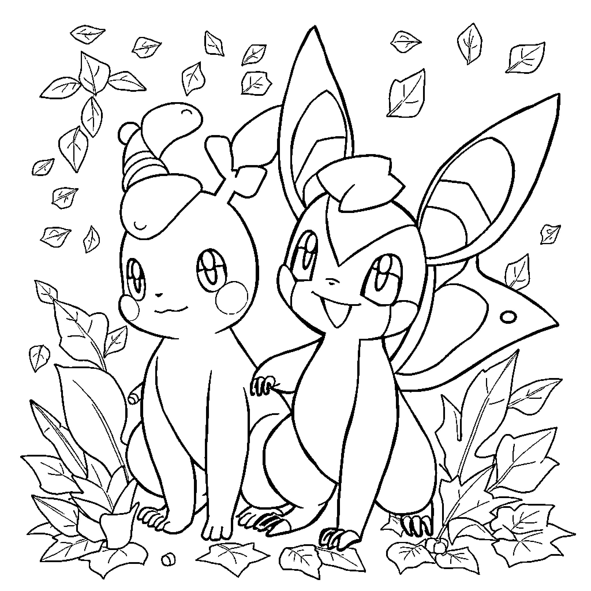 Pokémon characters in a nature setting Coloring Page (free black-and-white line drawing printable PDF for all, from beginners to advanced learners, including children, teens, adults, and seniors)