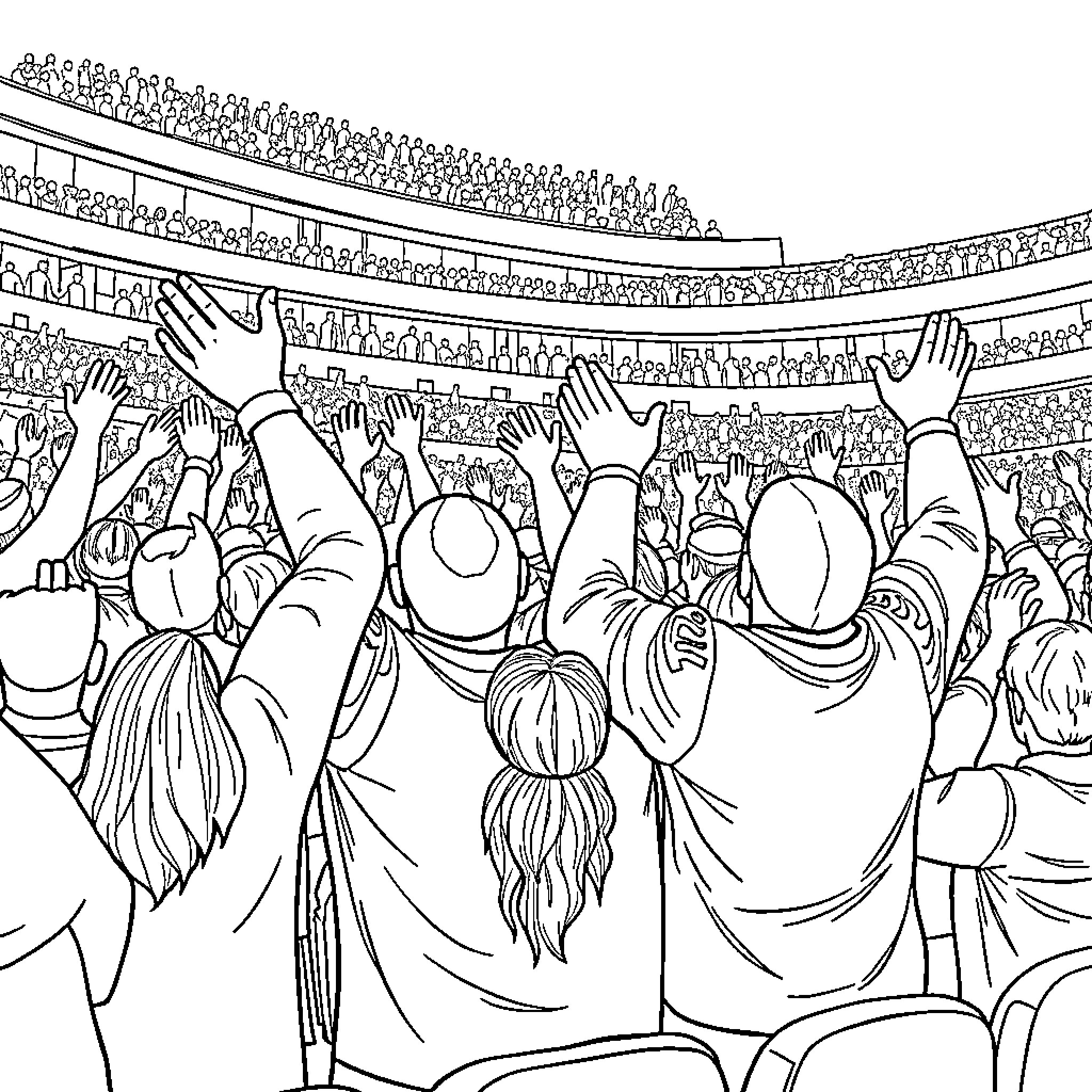 Viking crowd cheering and applauding in a packed arena Coloring Page (free black-and-white line drawing printable PDF for all, from beginners to advanced learners, including children, teens, adults, and seniors)