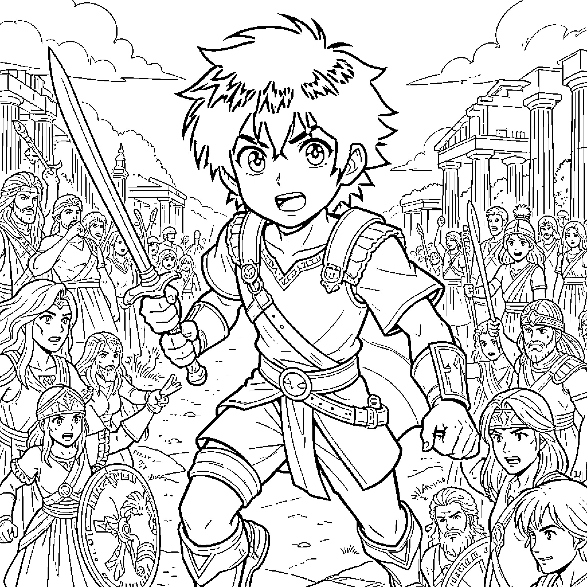 Percy Jackson leading a crowd of characters in an epic adventure Coloring Page (free black-and-white line drawing printable PDF for all, from beginners to advanced learners, including children, teens, adults, and seniors)