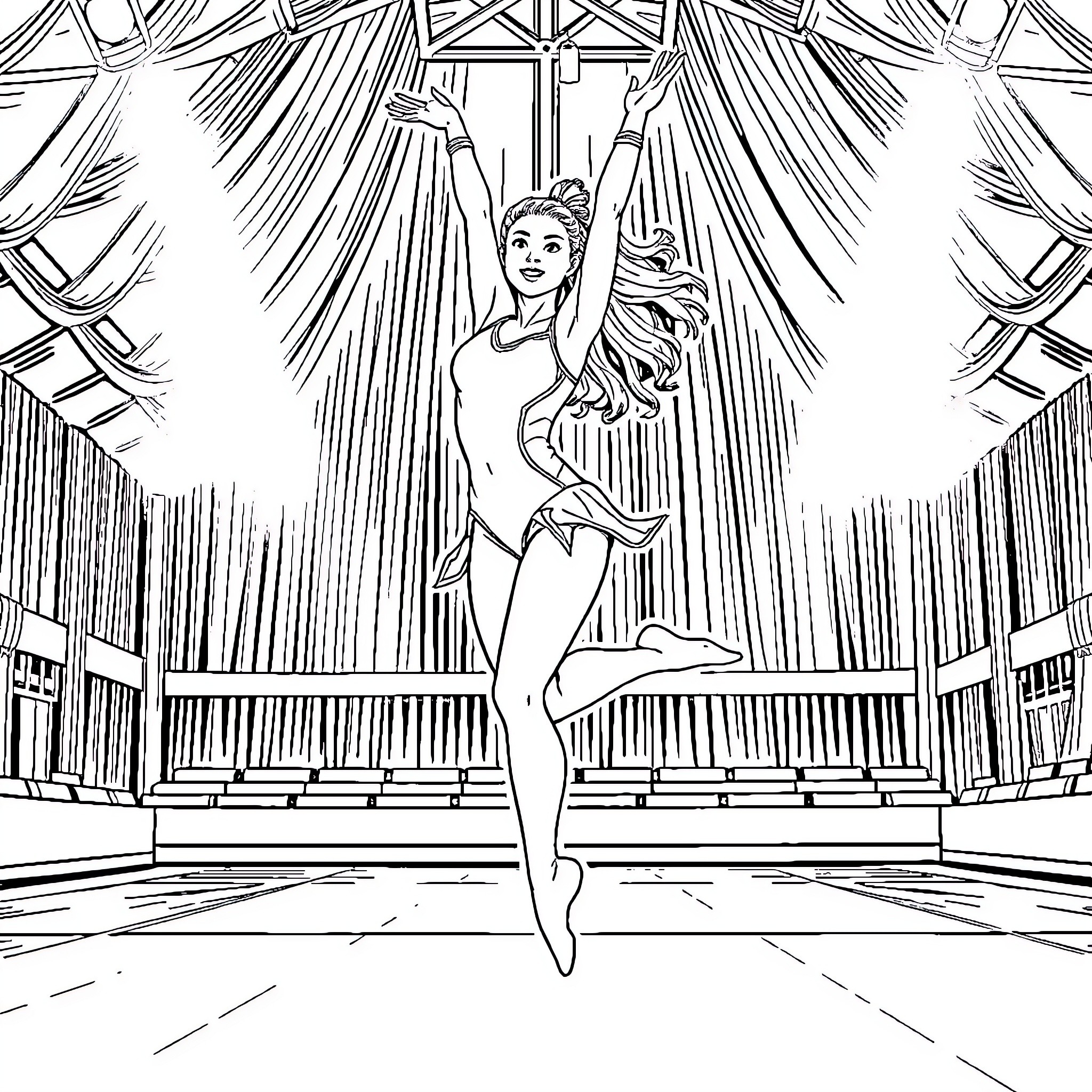 Gymnast performing graceful dance on stage Coloring Page (free black-and-white line drawing printable PDF for all, from beginners to advanced learners, including children, teens, adults, and seniors)