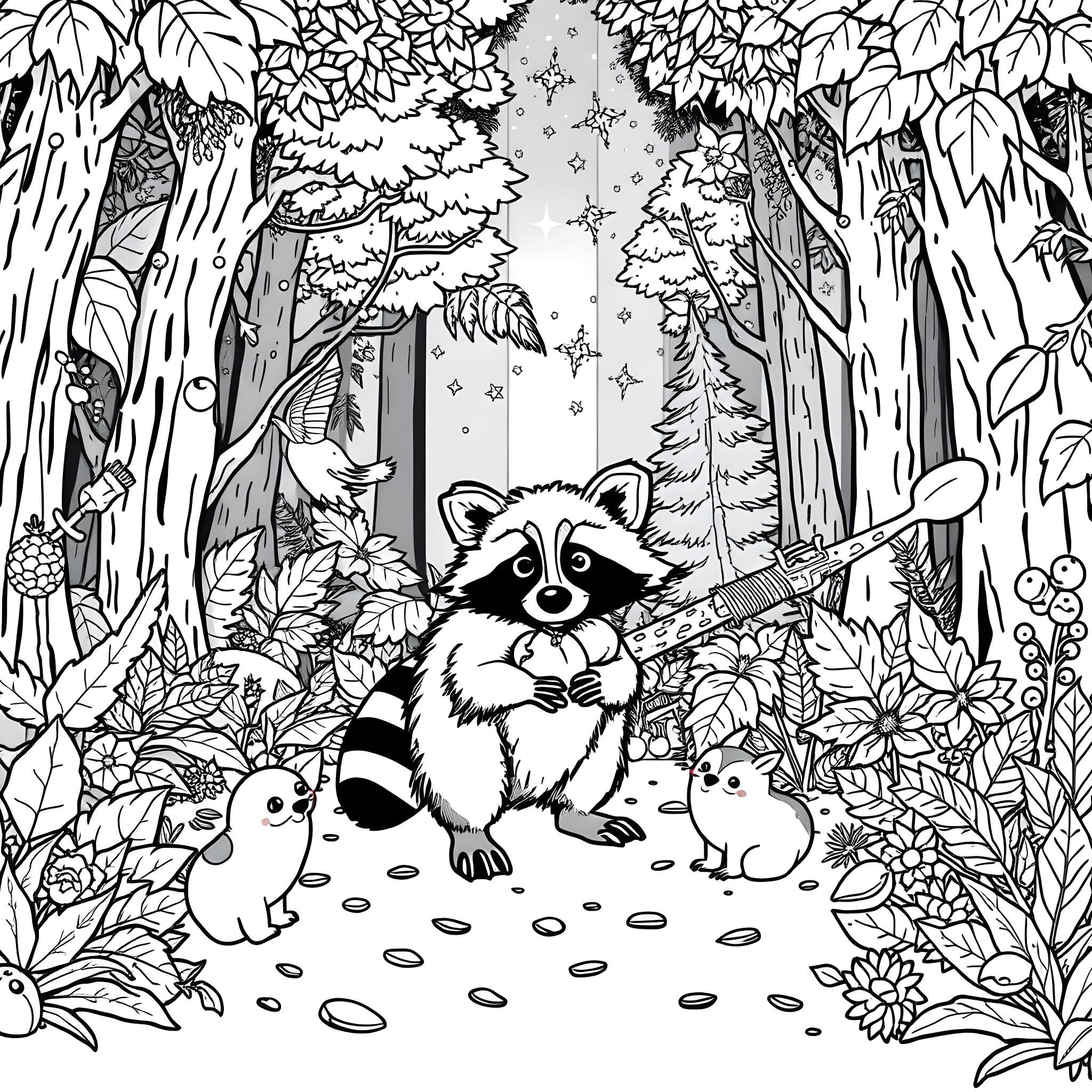Meeko the raccoon exploring the enchanted forest Coloring Page (free black-and-white line drawing printable PDF for all, from beginners to advanced learners, including children, teens, adults, and seniors)
