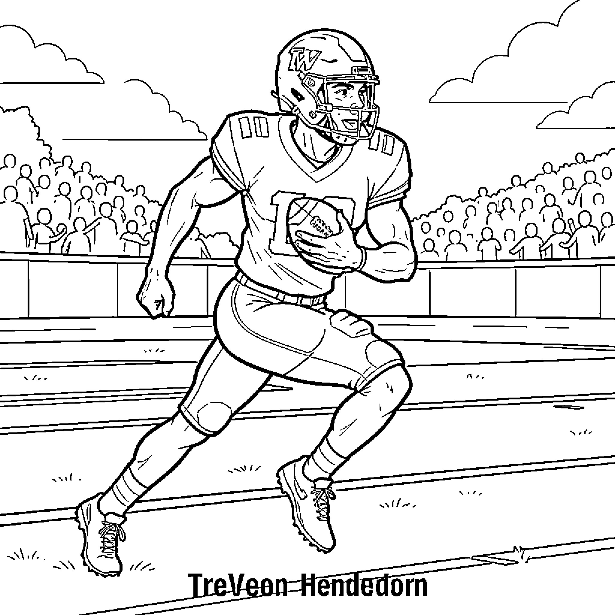 Treveon Henderson playing football on the field Coloring Page (free black-and-white line drawing printable PDF for all, from beginners to advanced learners, including children, teens, adults, and seniors)