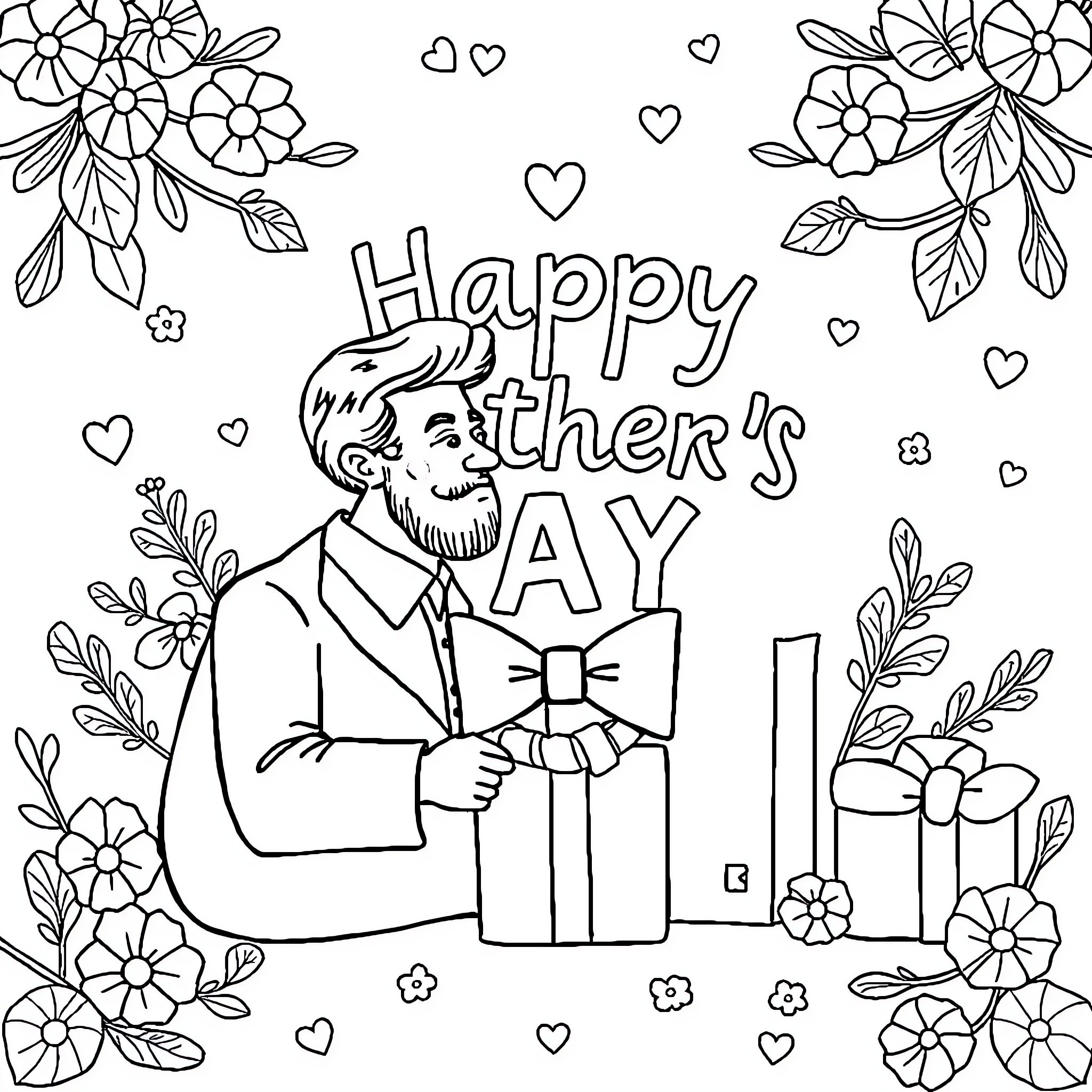 Father receives a gift and enjoys the celebration Coloring Page (free black-and-white line drawing printable PDF for all, from beginners to advanced learners, including children, teens, adults, and seniors)